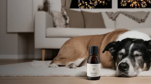 Braun-weißer Hund schläft auf einem Teppich vor einem Sofa; kleine bernsteinfarbene Flasche mit weißem Etikett im Vordergrund, Feuerwerk durch das Fenster sichtbar.