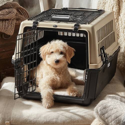 Ein flauschiger Hund sitzt in einer offenen Transportbox auf einer weichen Decke, umgeben von kuscheligen Strickwaren in einer warmen, gemütlichen Umgebung.