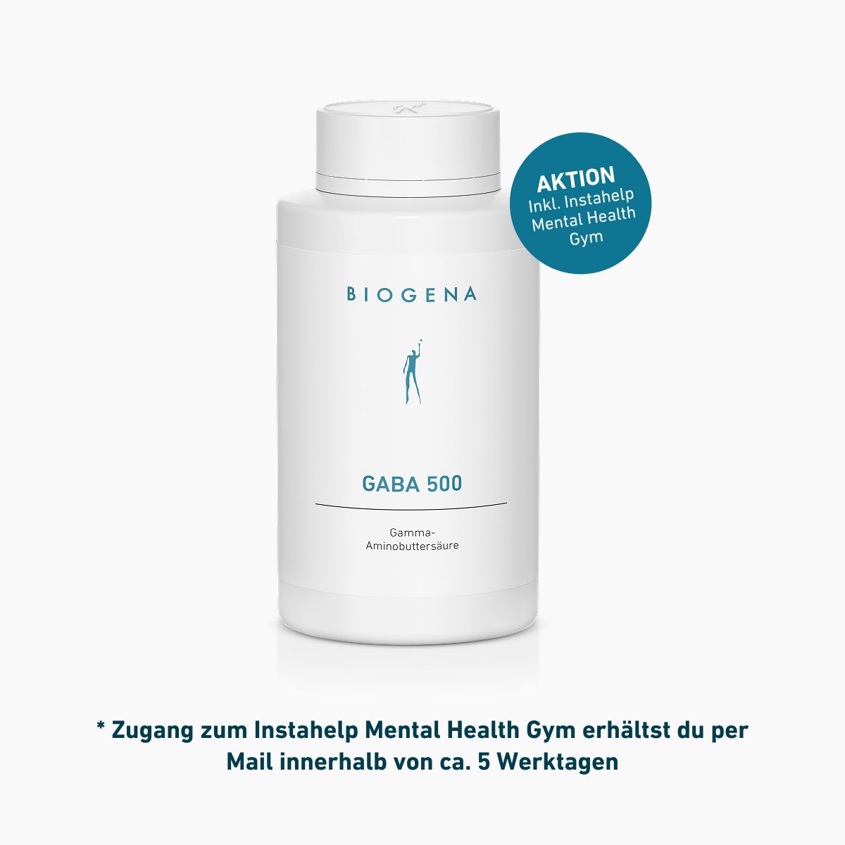 BIOGENA GABA 500 mit Hinweis auf Instahelp Mental Health Gym Aktion. Zugang zum Online-Kurs wird nach dem Kauf per E-Mail innerhalb von ca. 5 Werktagen versendet.