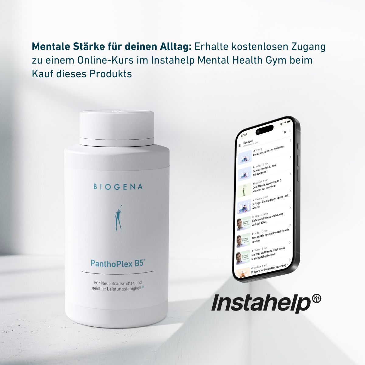 BIOGENA PanthoPlex B5® neben Smartphone mit Instahelp Mental Health Gym App. Hinweis auf kostenlosen Online-Kurs beim Kauf des Produkts zur Unterstützung mentaler Stärke im Alltag.