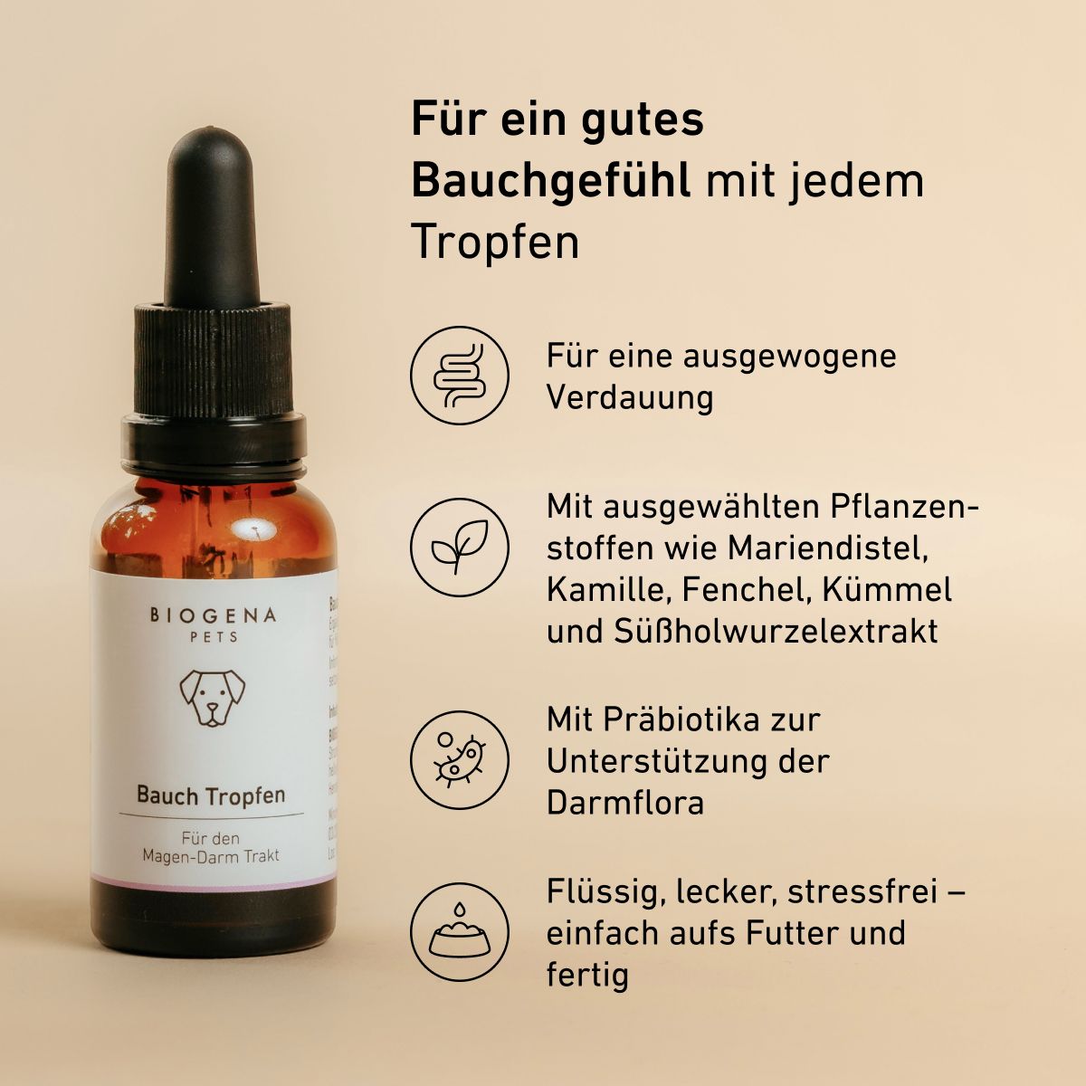 BIOGENA PETS Bauch Tropfen Tropfflasche, Text Happy belly, Symbole, beiger Hintergrund