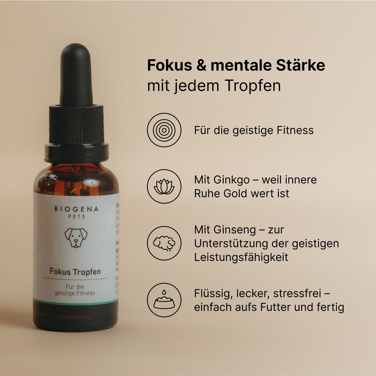 Biogena Pets Fokus Tropfen Tropfflasche, beige Hintergrund, englischer Text, Symbole