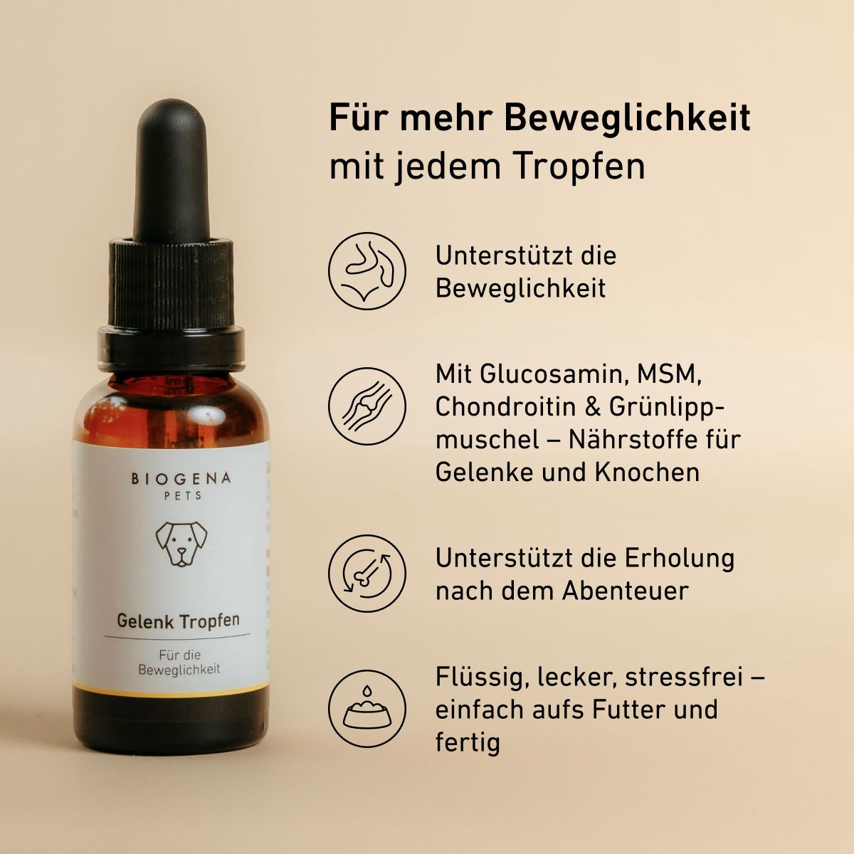 Biogena Pets Gelenk Tropfen Tropfflasche, Text und Symbole auf beigem Hintergrund