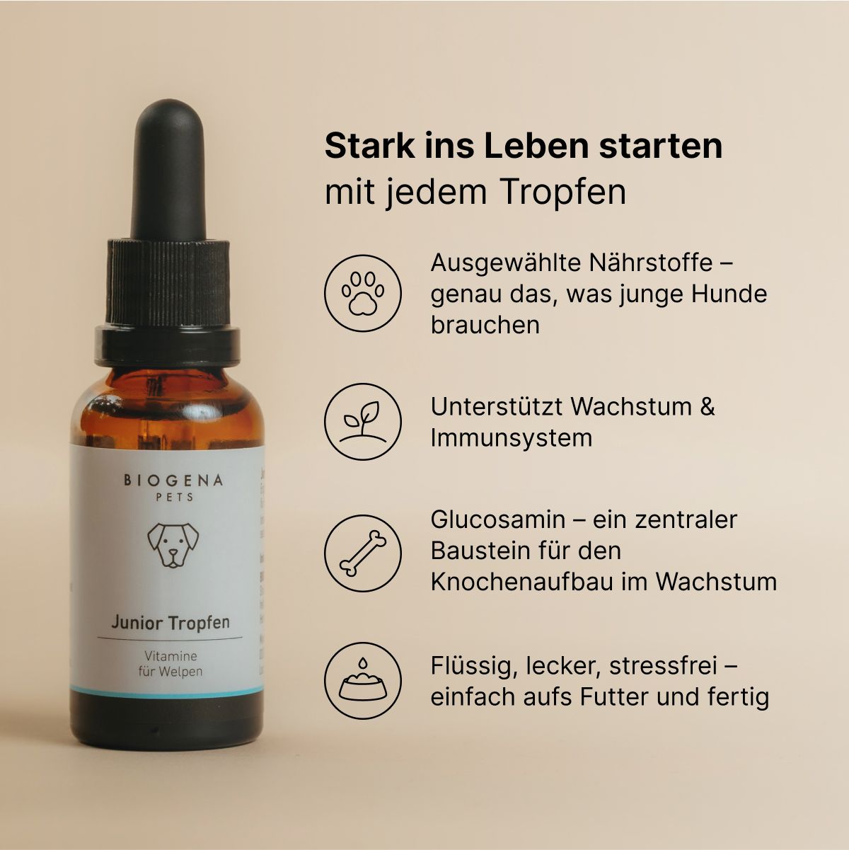 BIOGENA PETS Junior Tropfen Tropfflasche, beiger Hintergrund, Text, Symbole