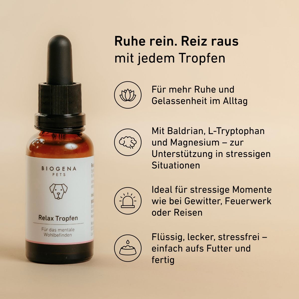 BIOGENA PETS Relax Tropfen Tropfflasche, englischer Text, Symbole, beiger Hintergrund