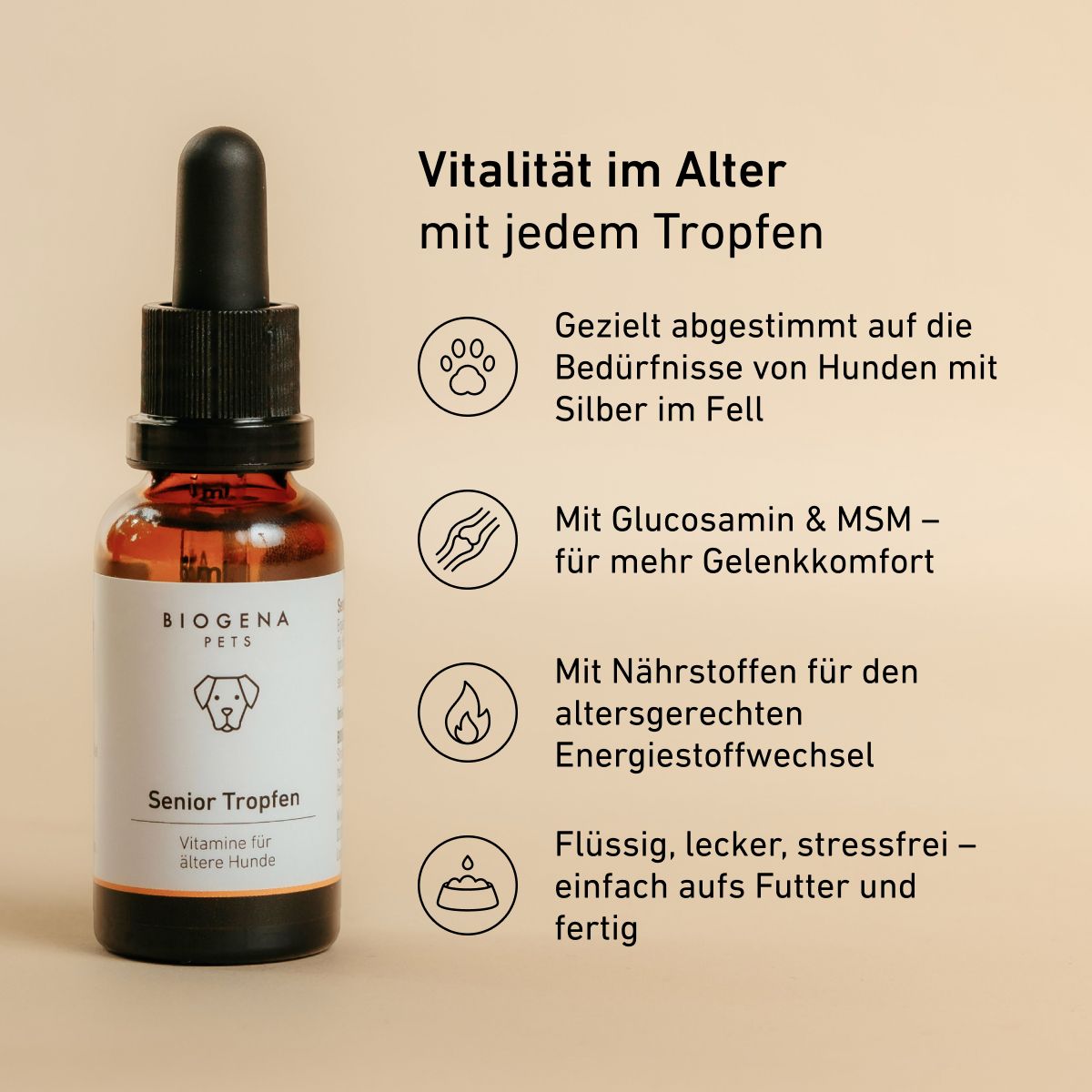 BIOGENA PETS Senior Tropfen Tropfflasche, Text und Symbole, beiger Hintergrund