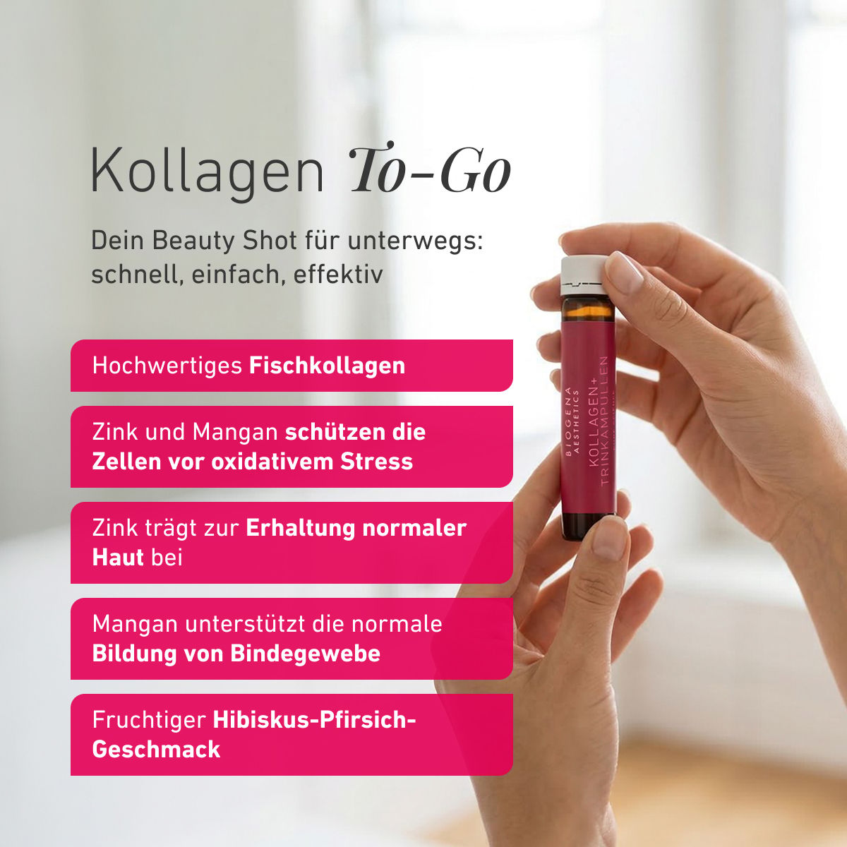 Grafika o pięknie od wewnątrz: opatentowane składniki, codzienna rutyna beauty wspierana od środka, wsparcie dla skóry, włosów i paznokci oraz austriacka ekspertyza naukowa opracowana przez BIOGENA.