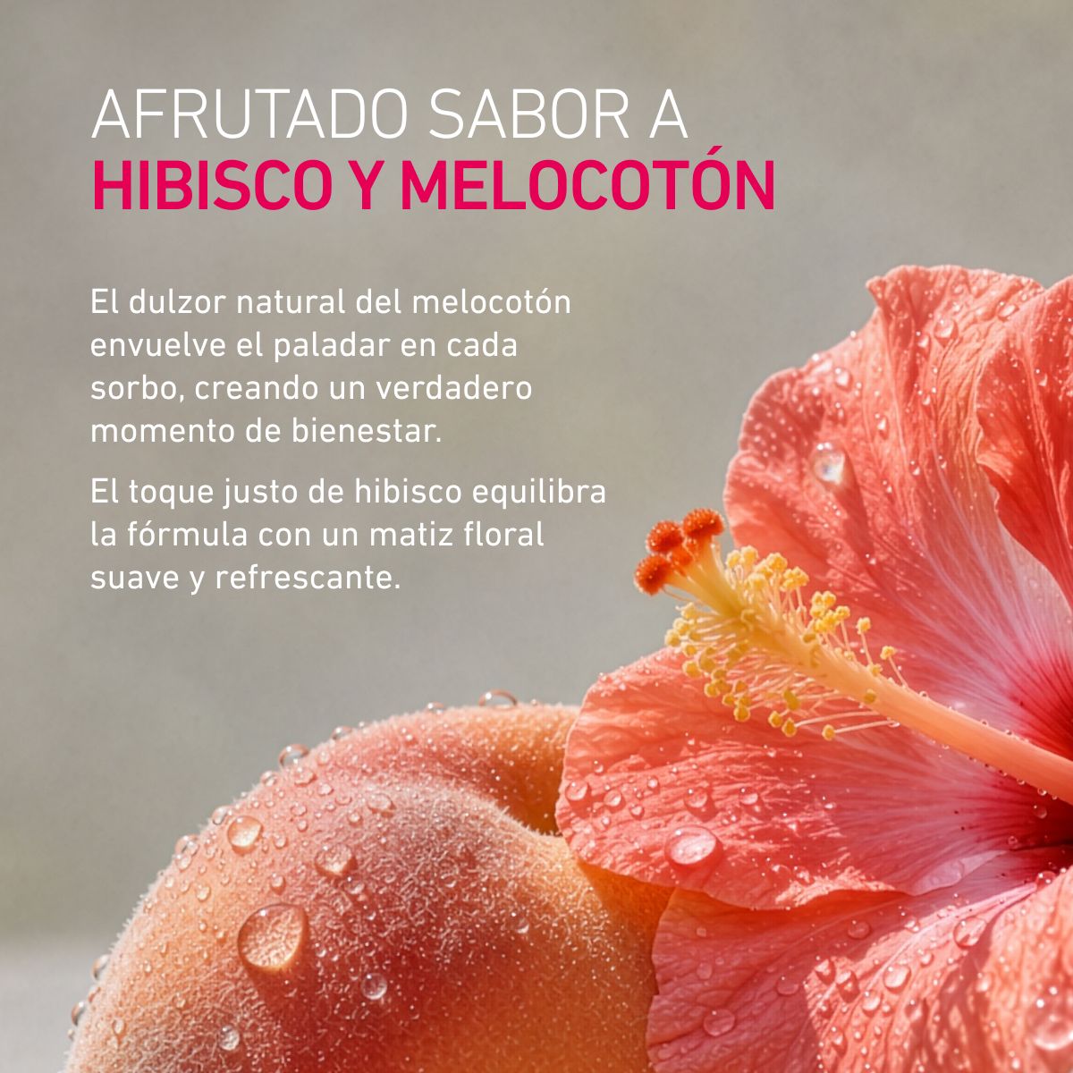 melocotón con gotas de agua, flor de hibisco con gotas de agua, fondo gris, texto en italiano