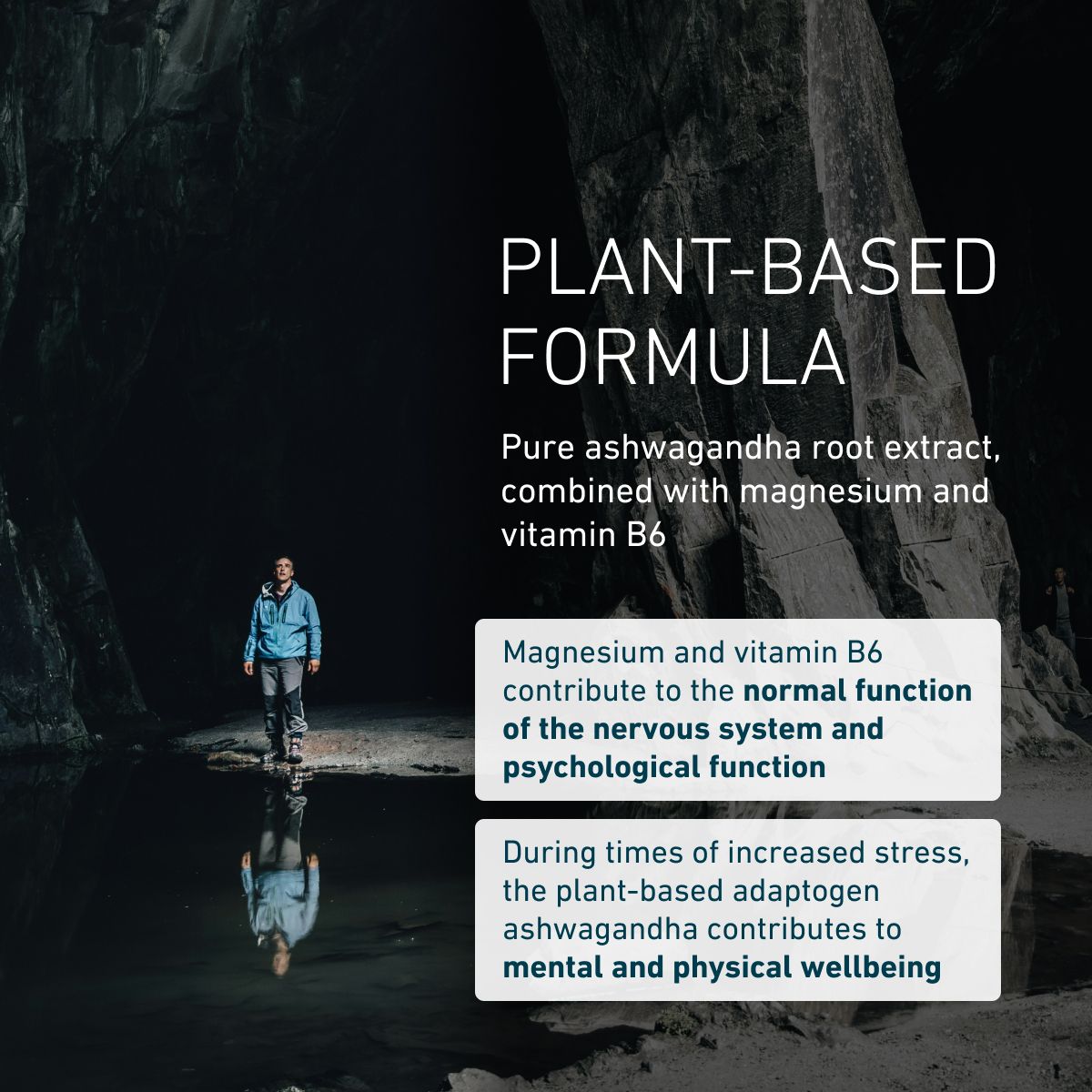 Man standing in a dark cave. Ashwagandha, magnesium, and vitamin B6 support normal nerve and mental function as well as physical and mental well-being.