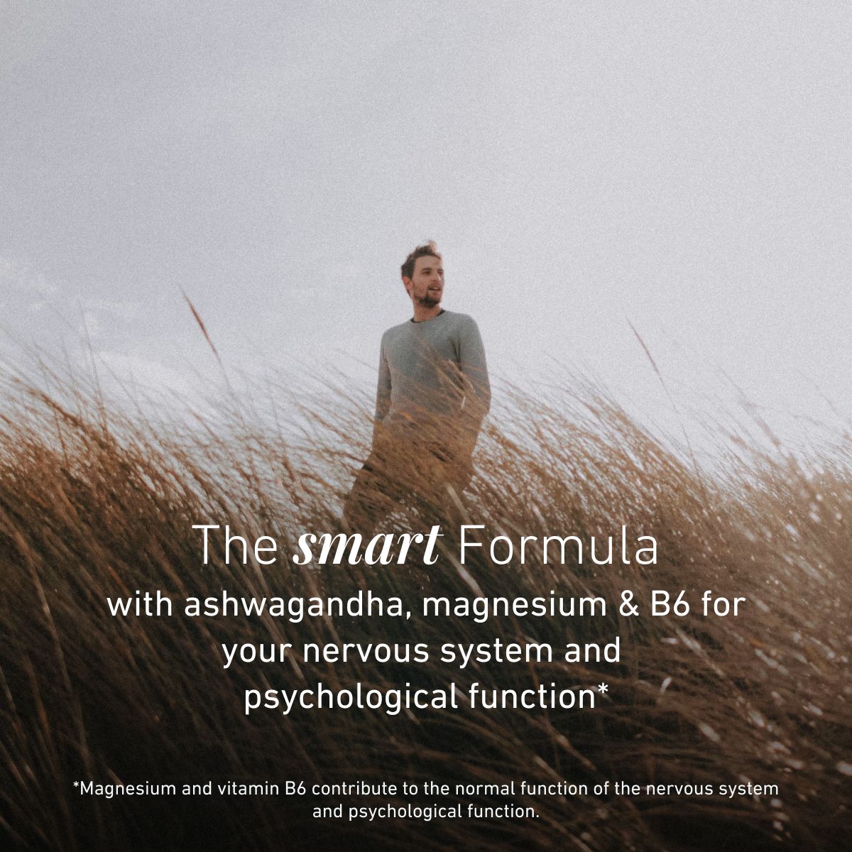 Man in a cave. Plant-based Ashwagandha formula with magnesium and vitamin B6 supports nerves and mental well-being.
