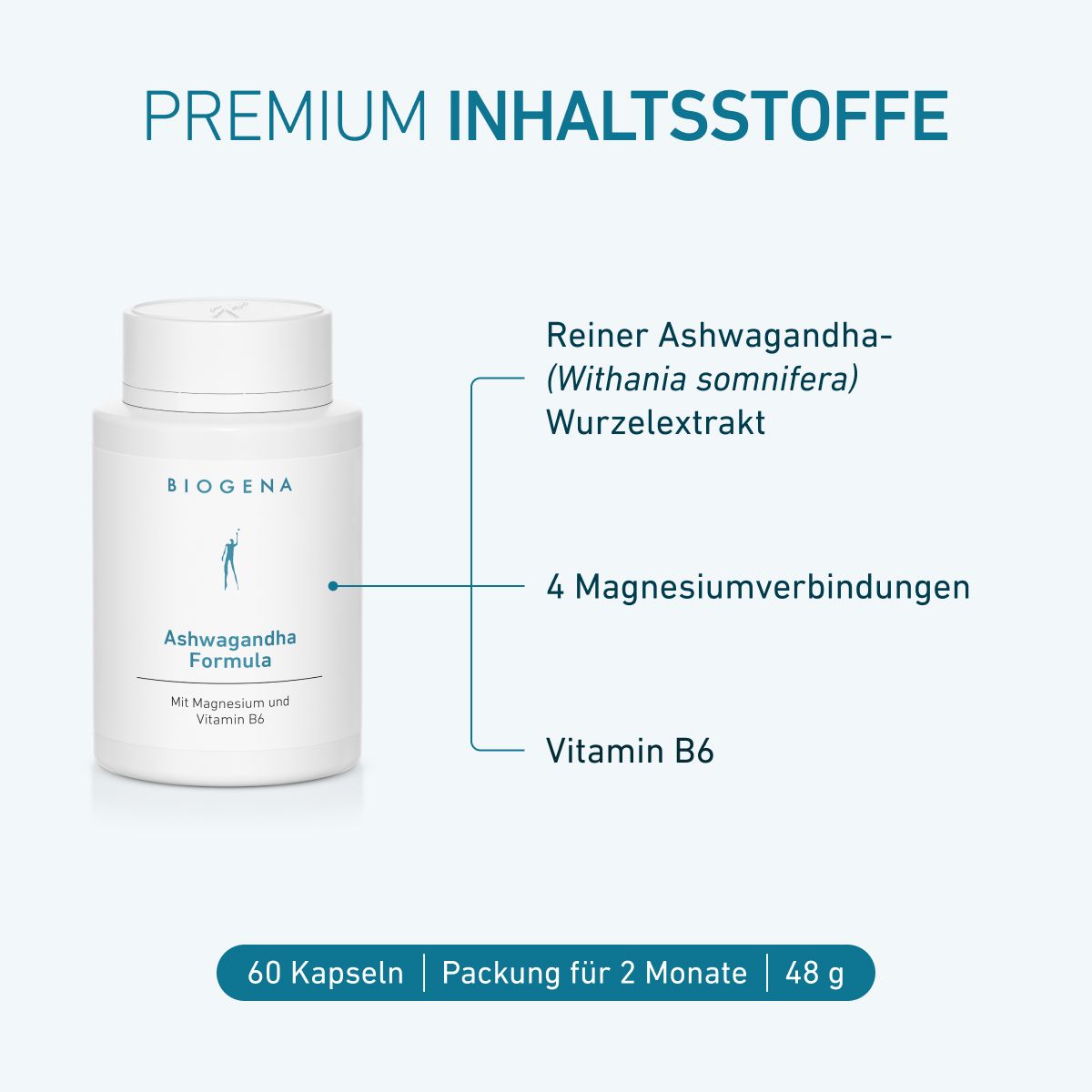 Biela fľaša BIOGENA Ashwagandha Formula s prémiovými zložkami: čistý extrakt z koreňa ašvagandy, štyri zlúčeniny horčíka a vitamín B6. Balenie obsahuje 60 kapsúl na dva mesiace.