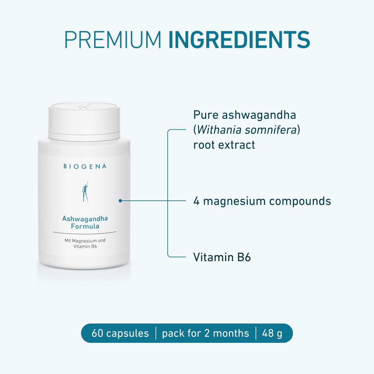 Ashwagandha Formula product showing ingredients: pure Ashwagandha root extract, 4 magnesium compounds, vitamin B6, 60 capsules, 2-month supply, 48 g.