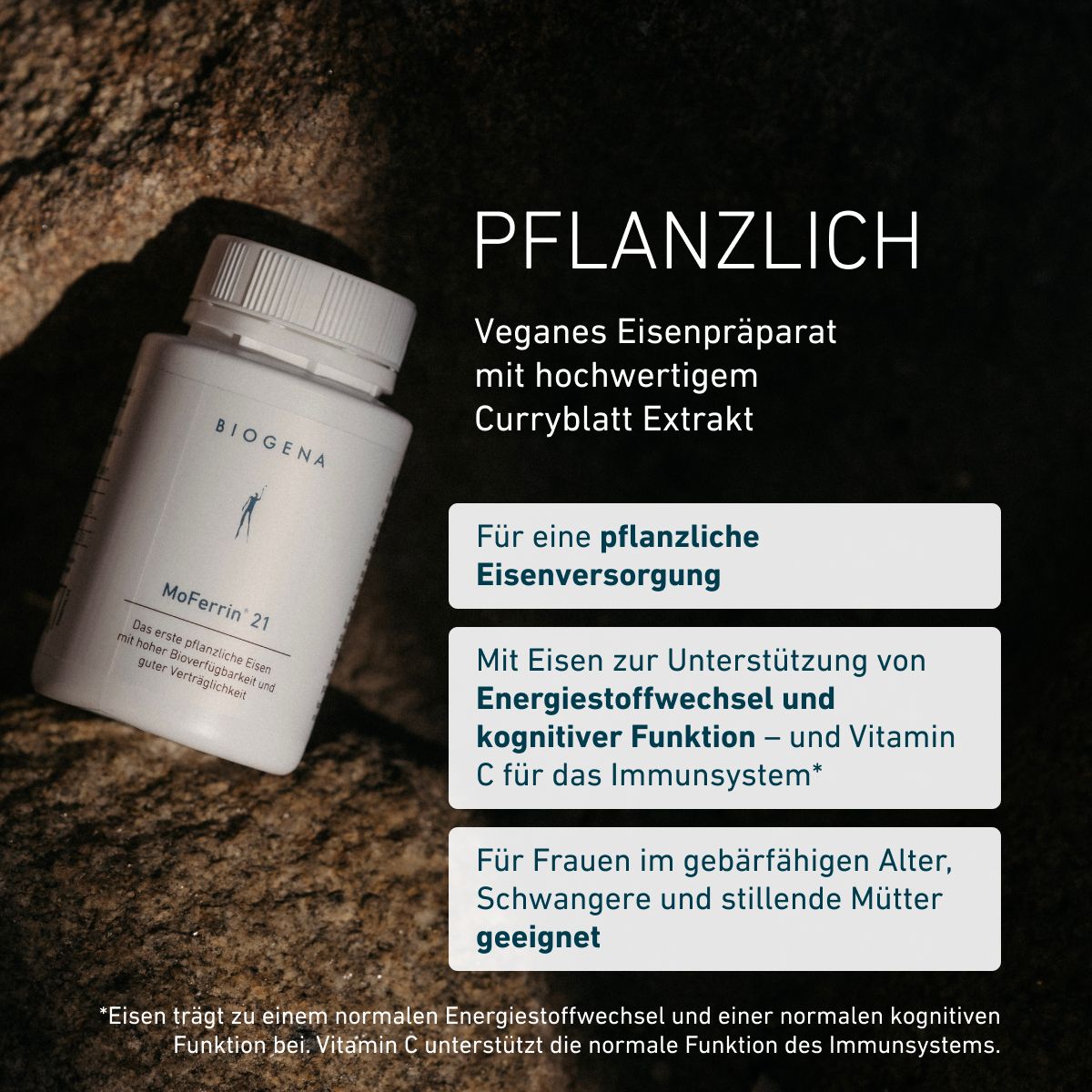 Fľaša BIOGENA MoFerrin 21 položená na skalnatom povrchu. Vegánsky výživový doplnok s rastlinným železom, extraktom z kari listov a vitamínom C na podporu imunitného systému.