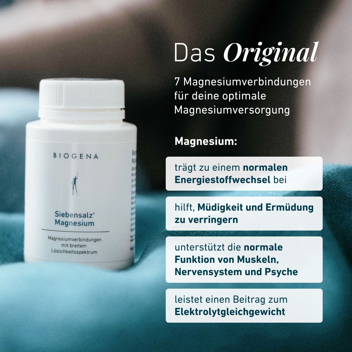 Balenie BIOGENA Siebensalz Magnesium so siedmimi zlúčeninami horčíka. Horčík prispieva k normálnemu energetickému metabolizmu, zníženiu únavy a normálnej funkcii svalov a nervového systému.