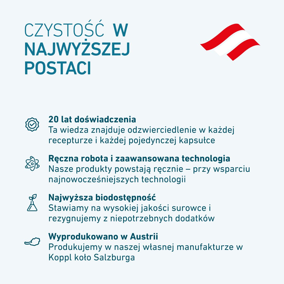 Infografika Biogena Trust pokazuje 6 cech jakości: testowane składniki, butelka roślinna, produkcja w Austrii, przejrzyste etykiety, oparte na nauce, fokus na jakość i skuteczność.