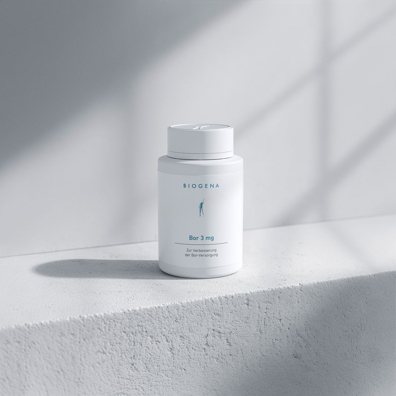 BIOGENA Bor 3 mg, white bottle, on light grey shelf, grey background, shadows