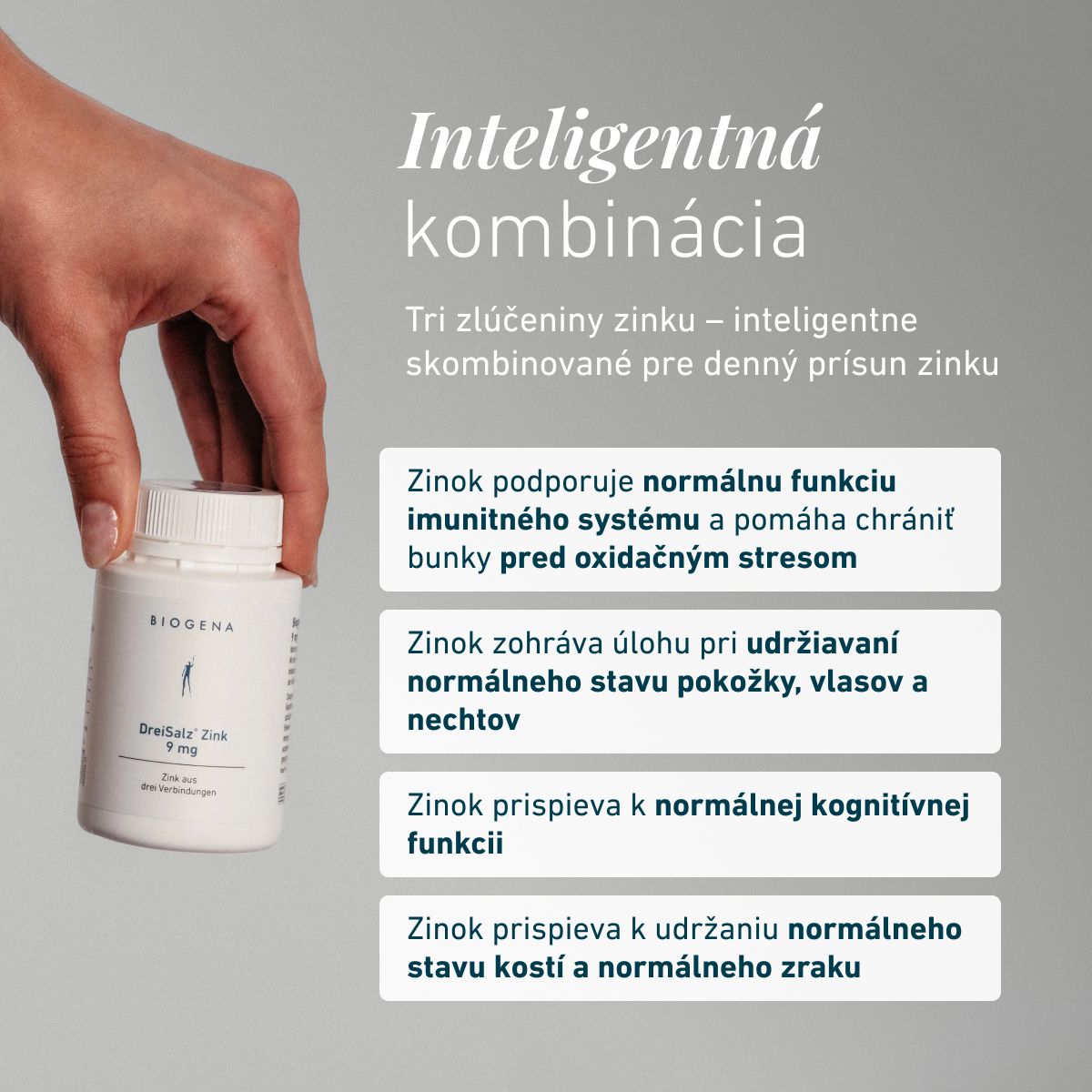 Komplex troch starostlivo vybraných zlúčenín zinku pre každodenný prísun. Zinok podporuje normálnu funkciu imunitného systému, ochranu buniek pred oxidačným stresom a prispieva k udržaniu zdravých kostí, pokožky, vlasov 