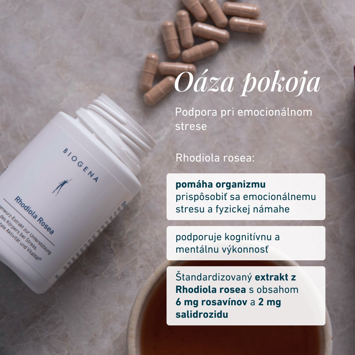 Rhodiola rosea pomáha organizmu prispôsobiť sa emocionálnemu stresu a fyzickej námahe. Podporuje kognitívnu a mentálnu výkonnosť. Štandardizovaný extrakt obsahuje 6 mg rosavínov a 2 mg salidrozidov.