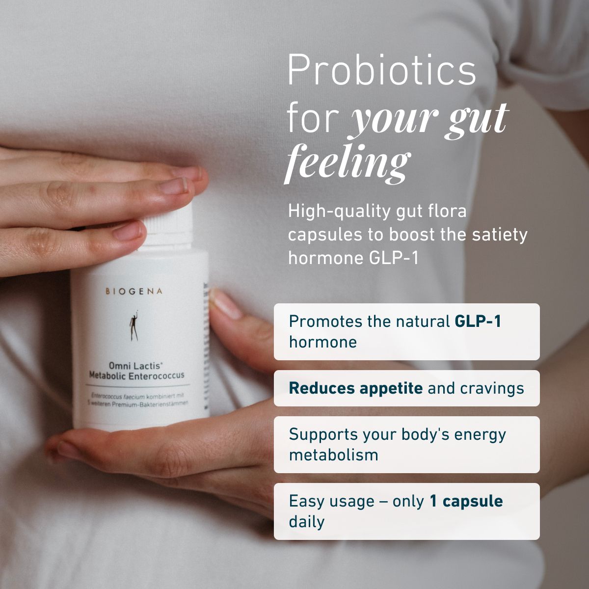 Omni Lactis® Metabolic Enterococcus is a probiotic supplement with six premium bacterial strains. It supports the body’s natural GLP-1 production, helps reduce appetite and cravings, supports energy metabolism, and requi