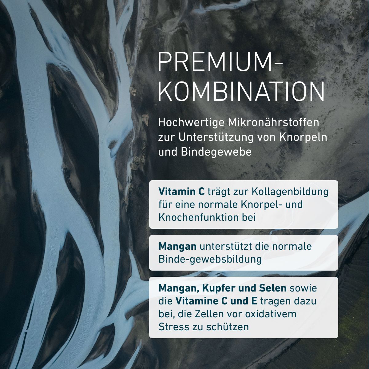 Grafika predstavuje prémiovú kombináciu mikroživín na podporu chrupavky a spojivového tkaniva. Vitamín C podporuje tvorbu kolagénu, mangán tvorbu spojivového tkaniva a antioxidanty pomáhajú chrániť bunky pred oxidačným s