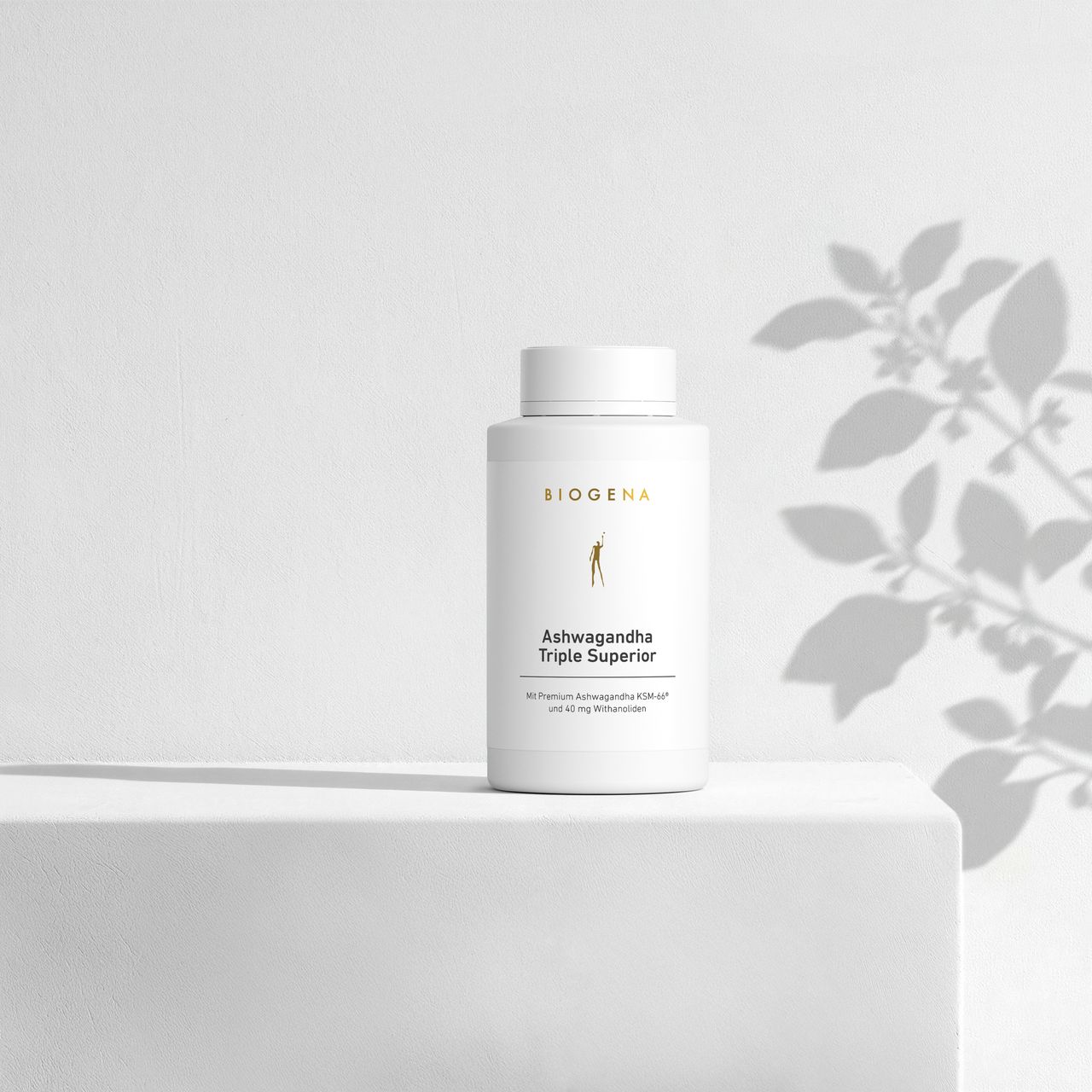 BIOGENA Ashwagandha Triple Superior in una bottiglia bianca, appoggiata su una superficie, con ombre di piante sullo sfondo. L'etichetta riporta "Con Ashwagandha KSM-66® premium e 40 mg di withanolidi."