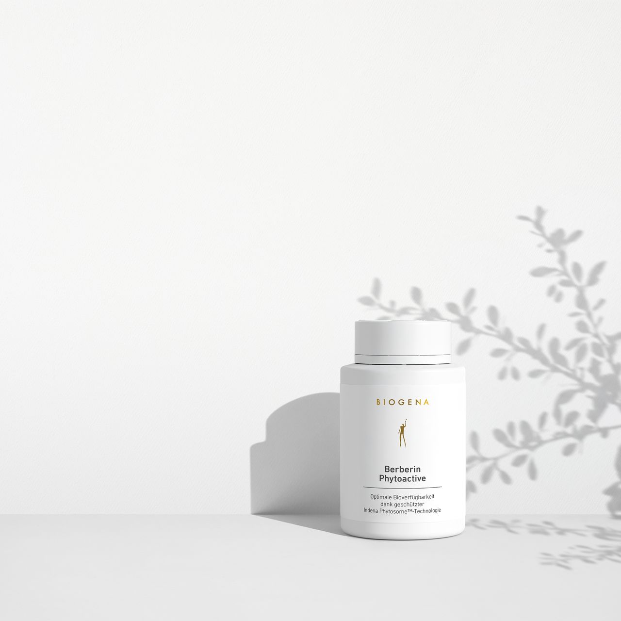 BIOGENA Berberin Phytoactive in a white bottle placed on a surface, with plant shadows in the background. The label reads "Optimal bioavailability thanks to protected Indena Phytosome™ technology."