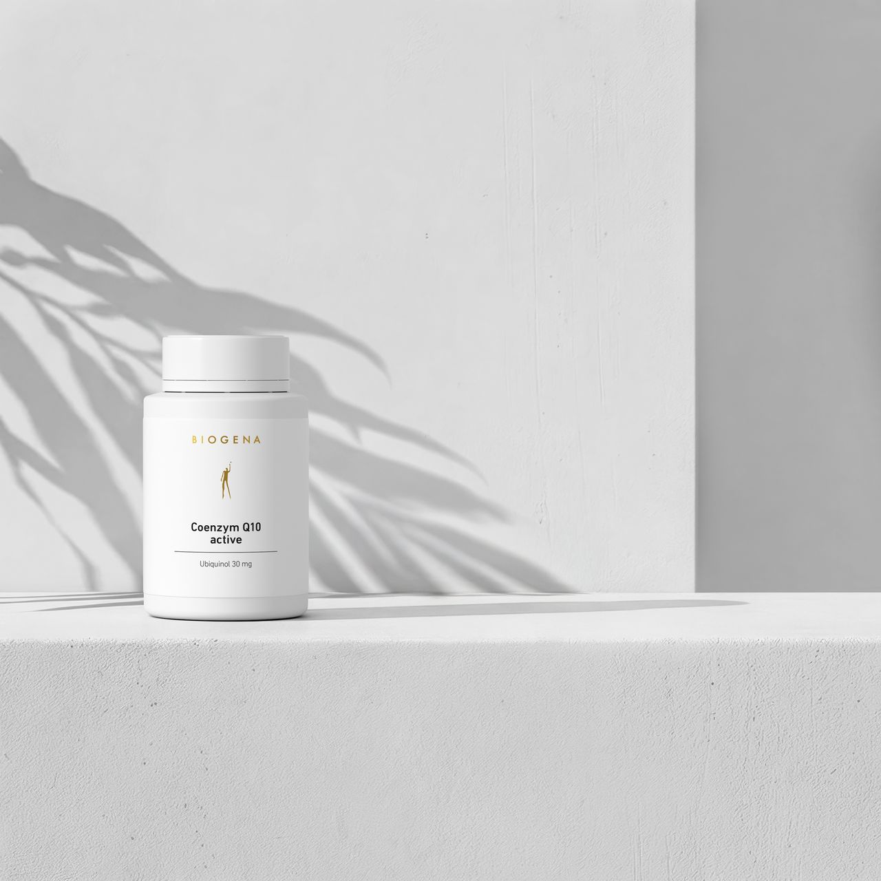 BIOGENA Coenzym Q10 active Nahrungsergänzungsmittel in weißer Dose auf minimalistischem Hintergrund mit Pflanzenschatten. Premiumformel mit Ubiquinol (30 mg).