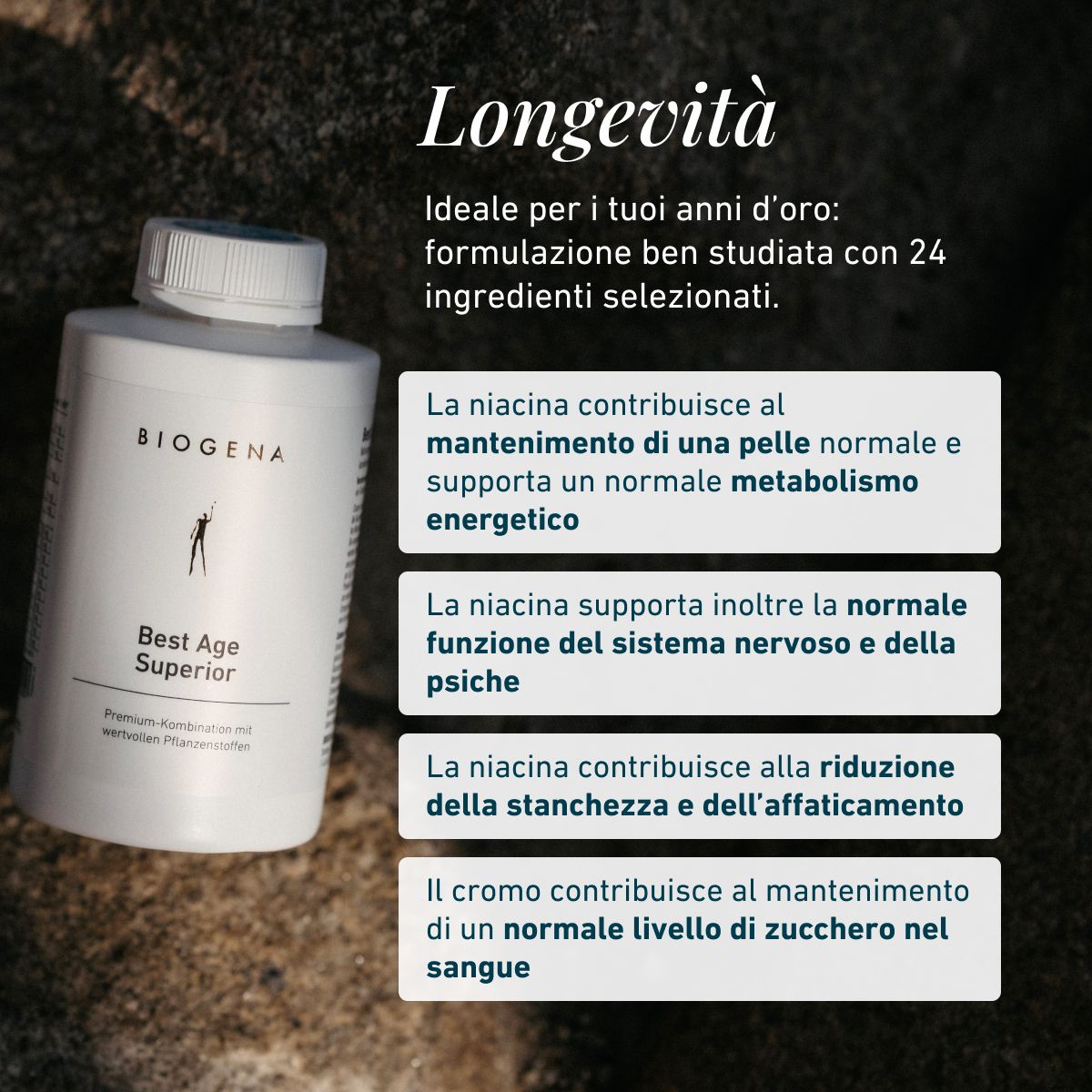 Mano con capsula Biogena Best Age Superior. Testo: Niacina supporta pelle, metabolismo energetico, sistema nervoso e psiche, riduce stanchezza, Cromo supporta zuccheri nel sangue.