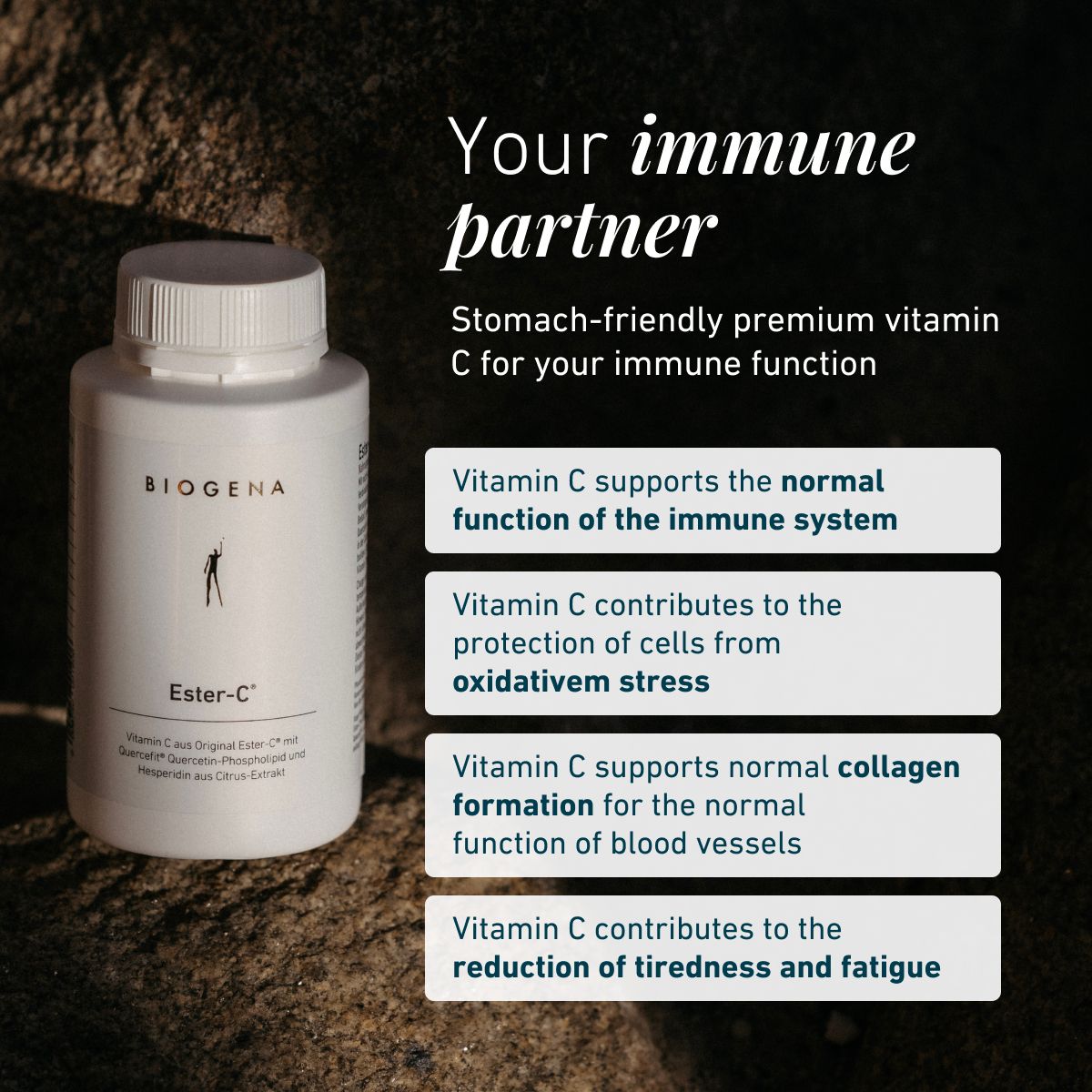 Biogena Ester-C® bottle on a rocky surface with text highlighting benefits: supports normal immune function, protects cells from oxidative stress, promotes collagen formation for healthy blood vessels, and helps reduce t