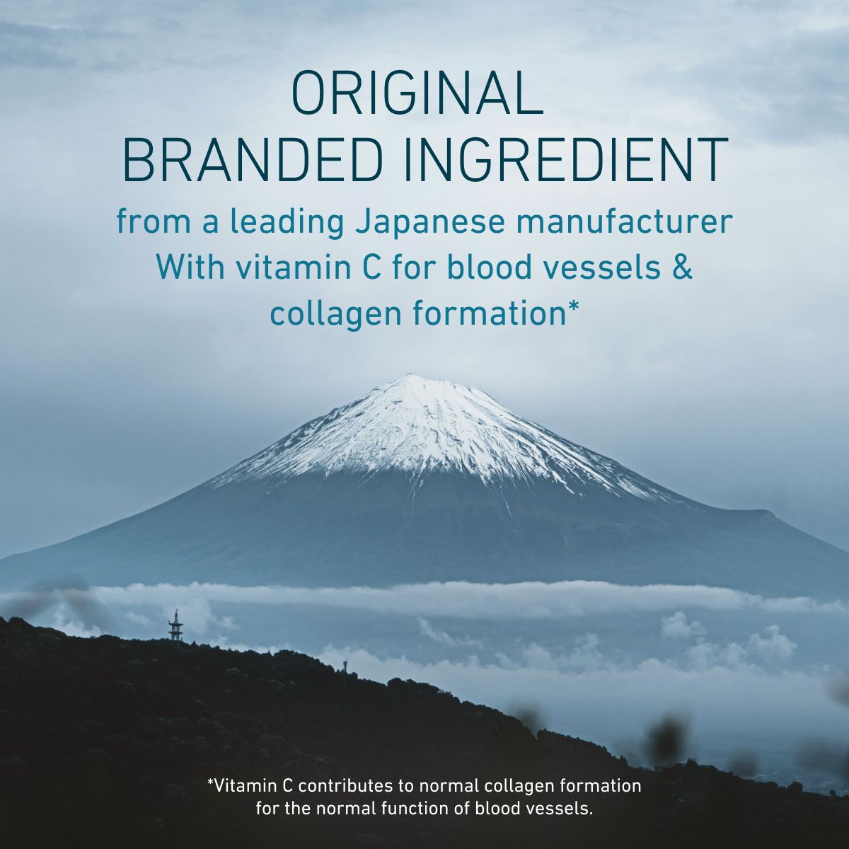 Mountain landscape with clouds, text about Biogena Nattokinase Superior: Original branded raw material from Japan, with vitamin C for blood vessels and collagen formation
