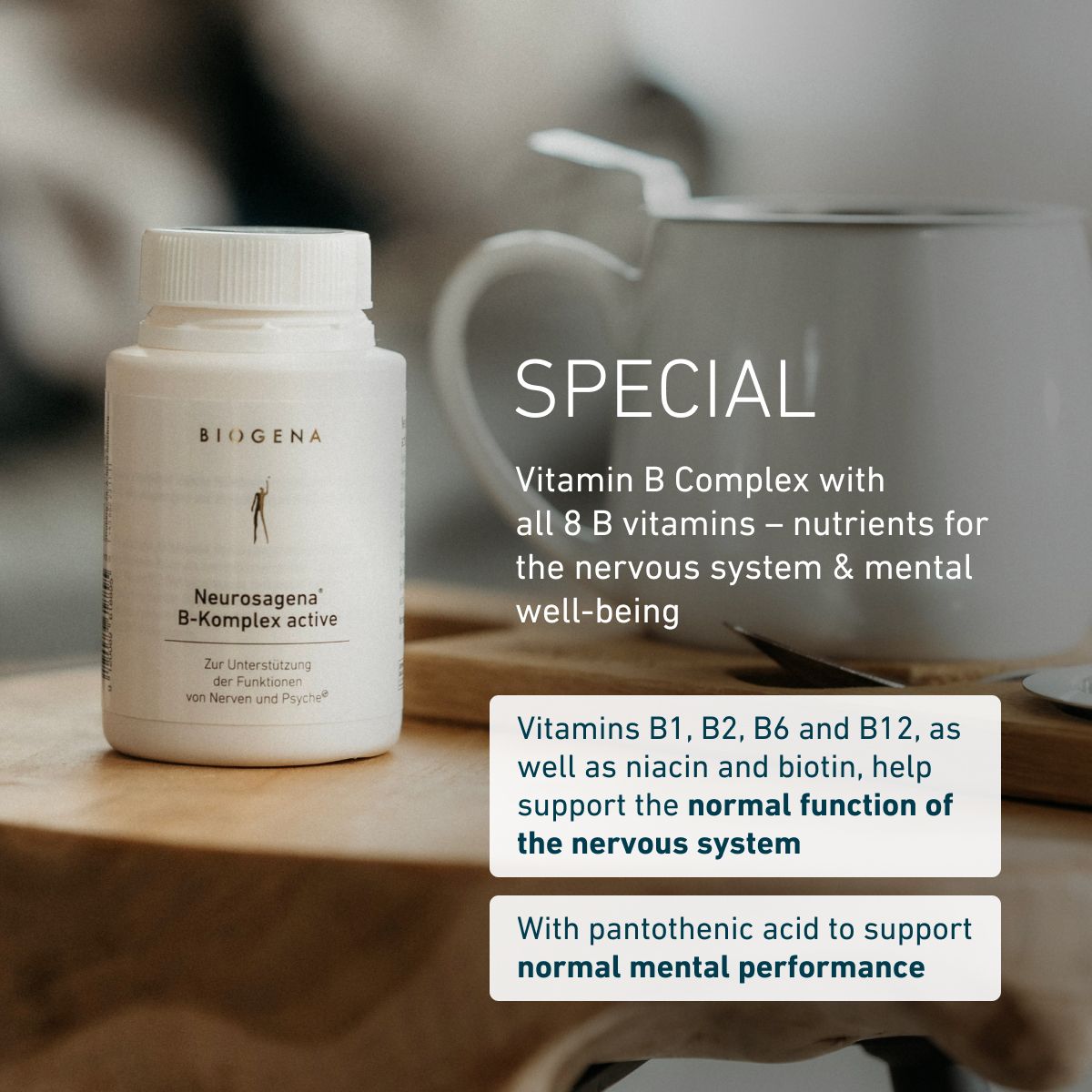 Biogena Neurosagena® B-Complex Active – contains all 8 B vitamins to support nerves and mental health, including pantothenic acid for normal cognitive performance.