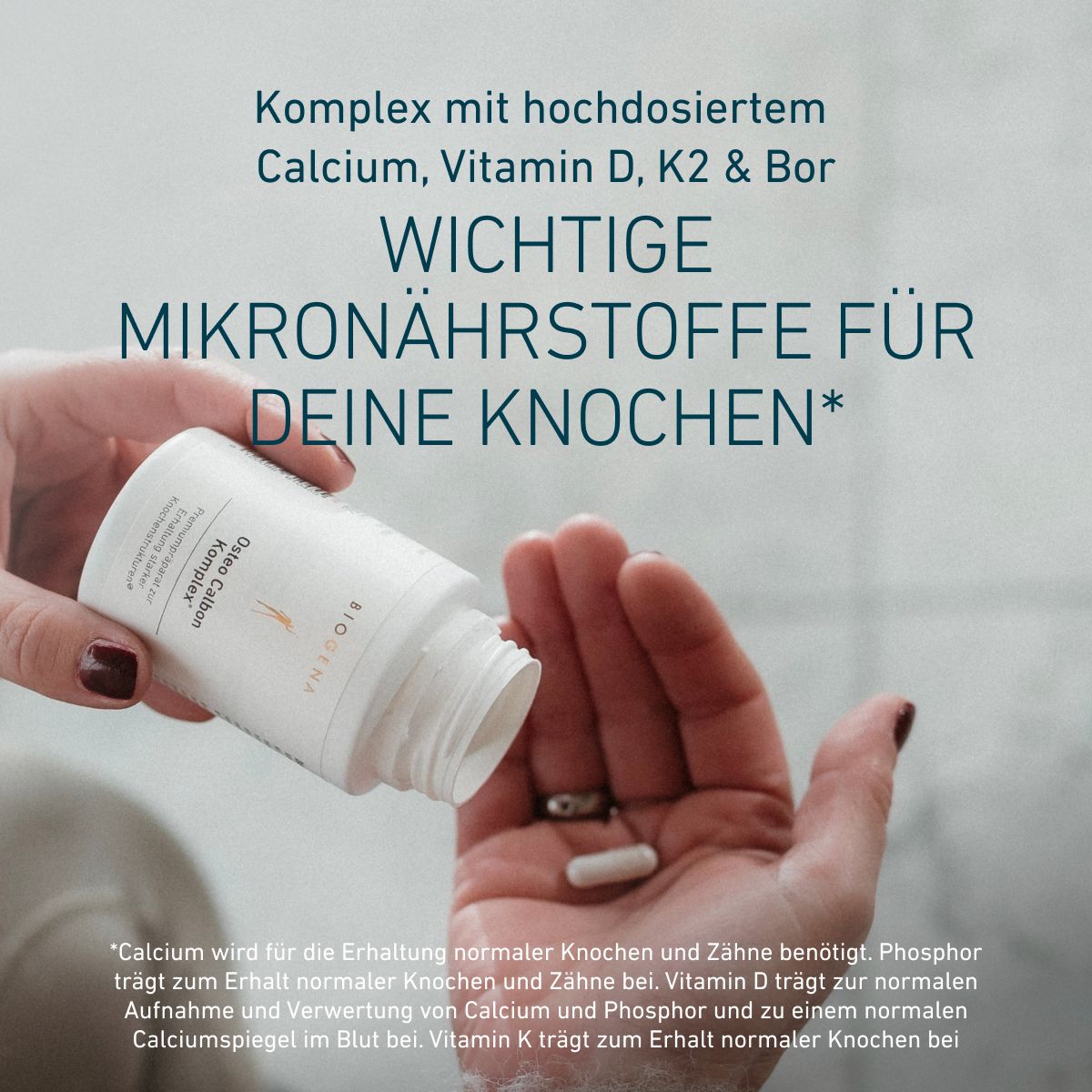 Balenie BIOGENA Osteo Calbon Komplex. Prémiový komplex s vápnikom, fosforom, vitamínmi D a K, ktoré prispievajú k udržaniu zdravých kostí a zubov.