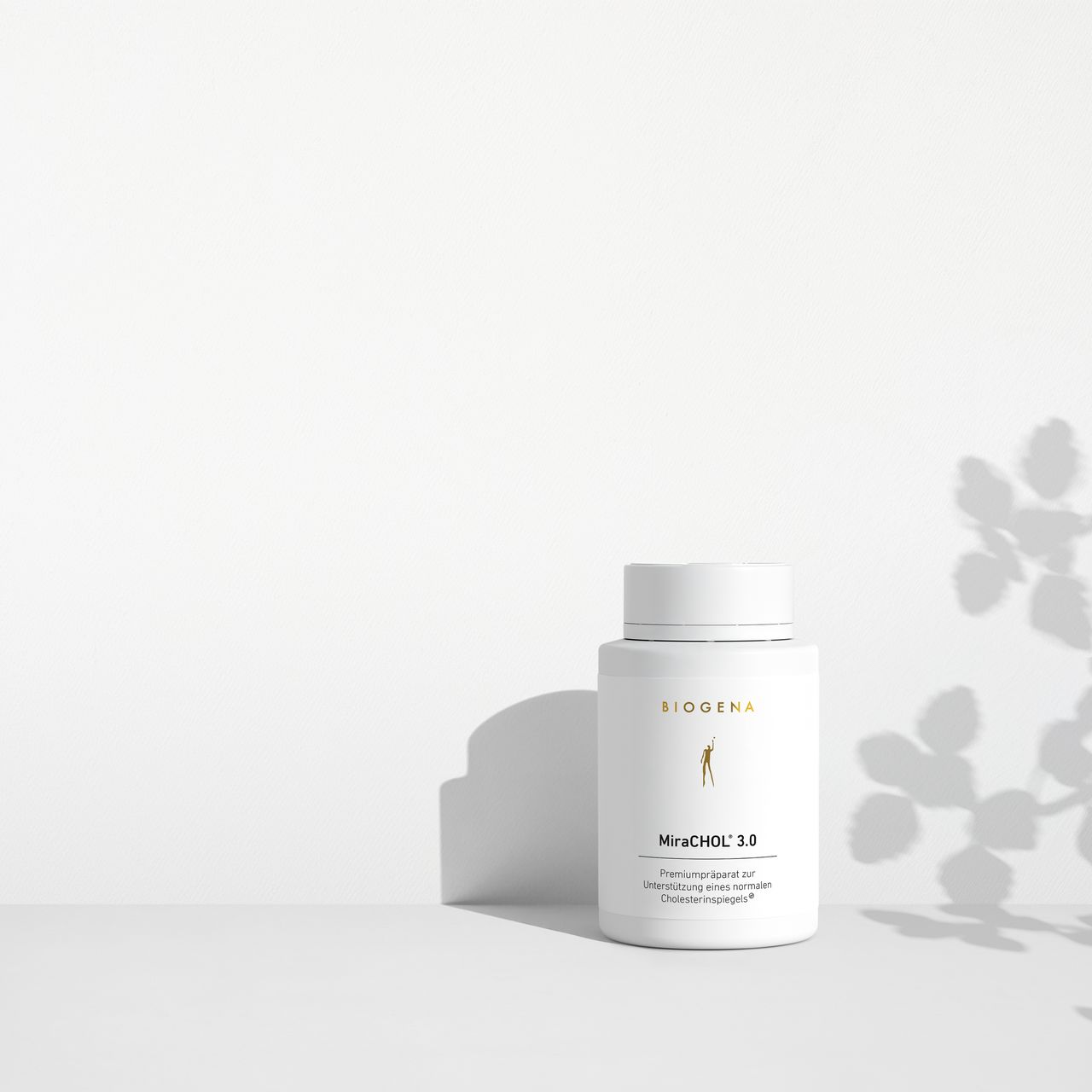 BIOGENA MiraCHOL 3.0 supplement bottle on a minimalist white background with soft shadows. Premium formula designed to support normal cholesterol levels.