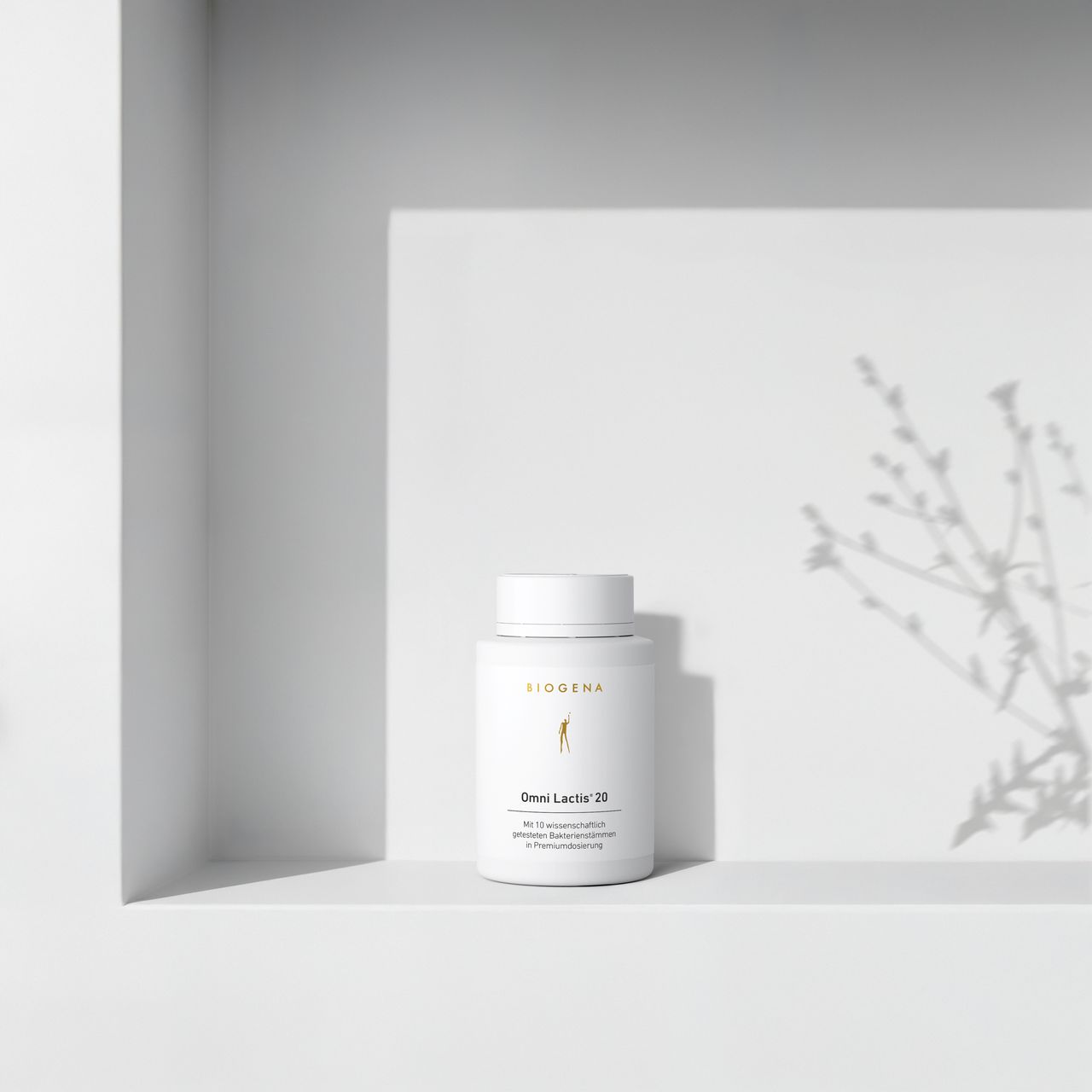 BIOGENA Omni Lactis 20 su uno scaffale bianco minimalista con ombre morbide proiettate da una pianta sullo sfondo.