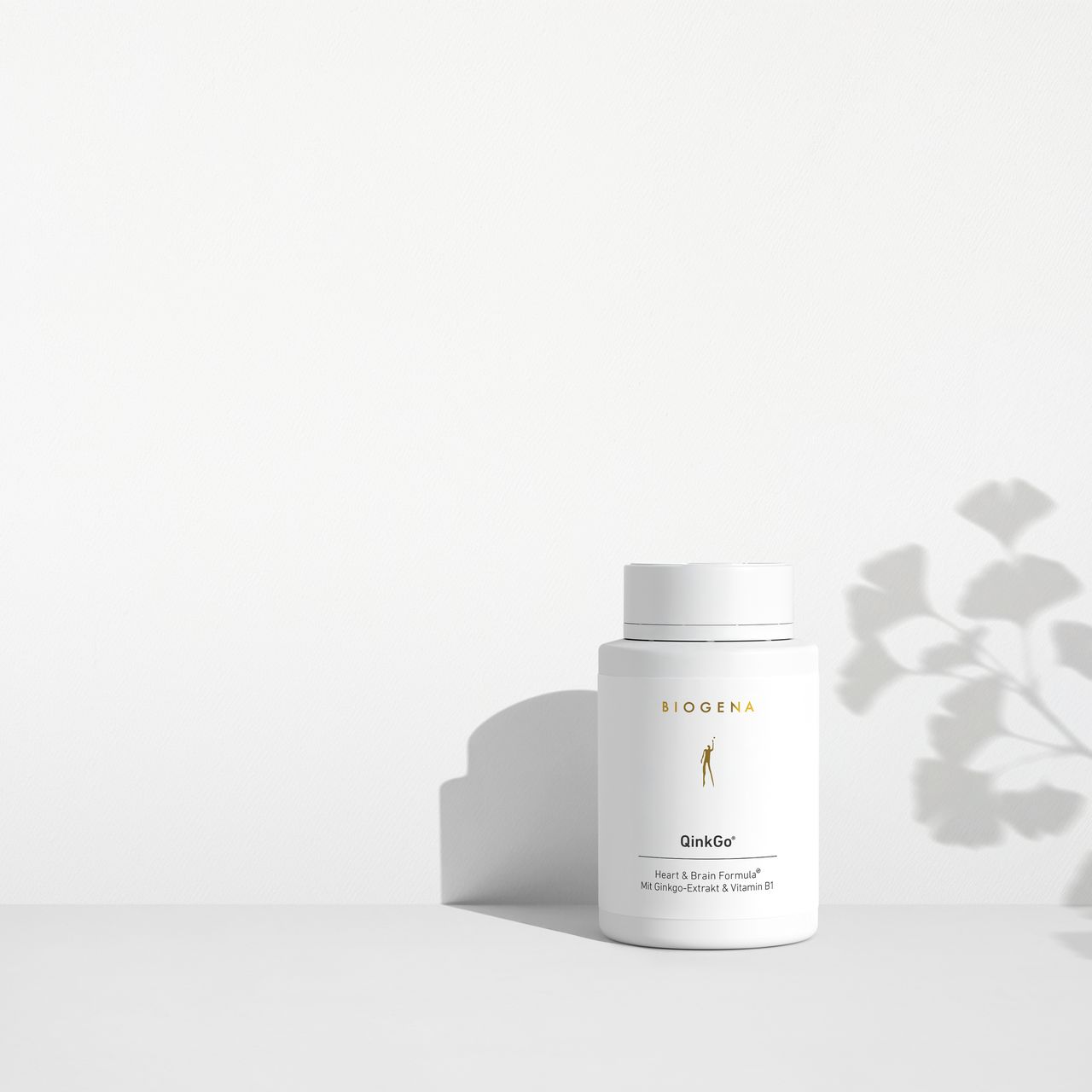 BIOGENA QinkGo® supplement in a white bottle on a minimalist background with light and shadow. Heart & Brain Formula with ginkgo extract and vitamin B1 to support heart and brain function.