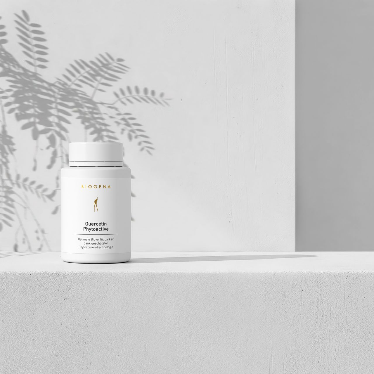 BIOGENA Quercetin Phytoactive supplement in a white bottle on a minimalist background with light and plant shadows. Contains quercetin with phytosome technology for improved bioavailability.