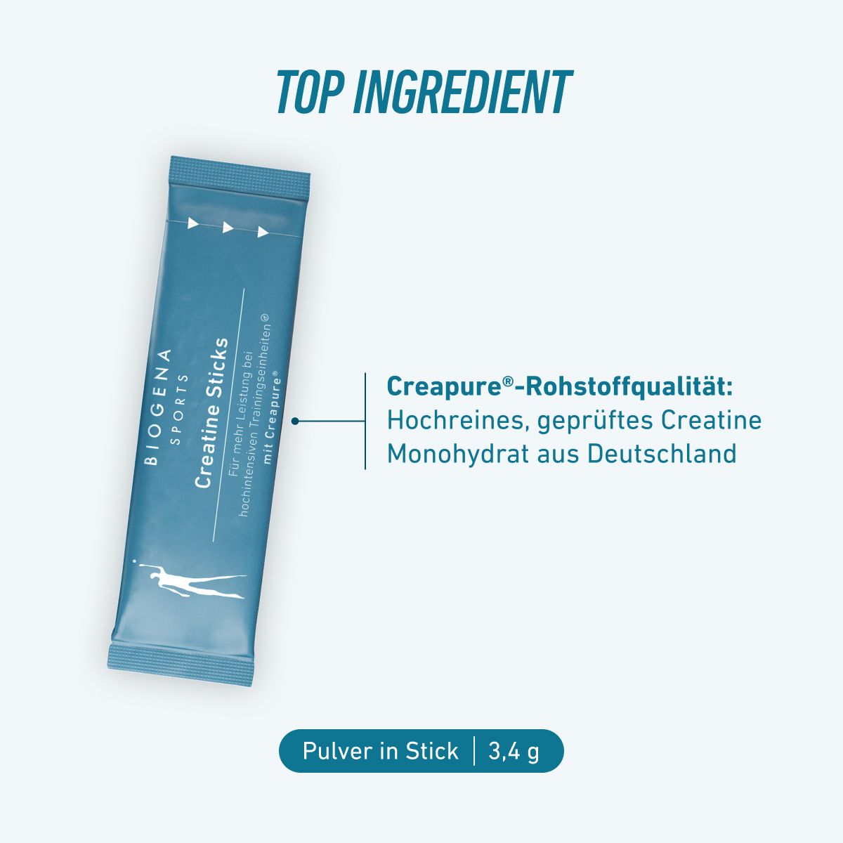 BIOGENA SPORTS Creatine Sticks v praktickom vrecúšku s 3,4 g prášku. Obsahuje vysoko čistý, testovaný kreatín monohydrát Creapure® z Nemecka.