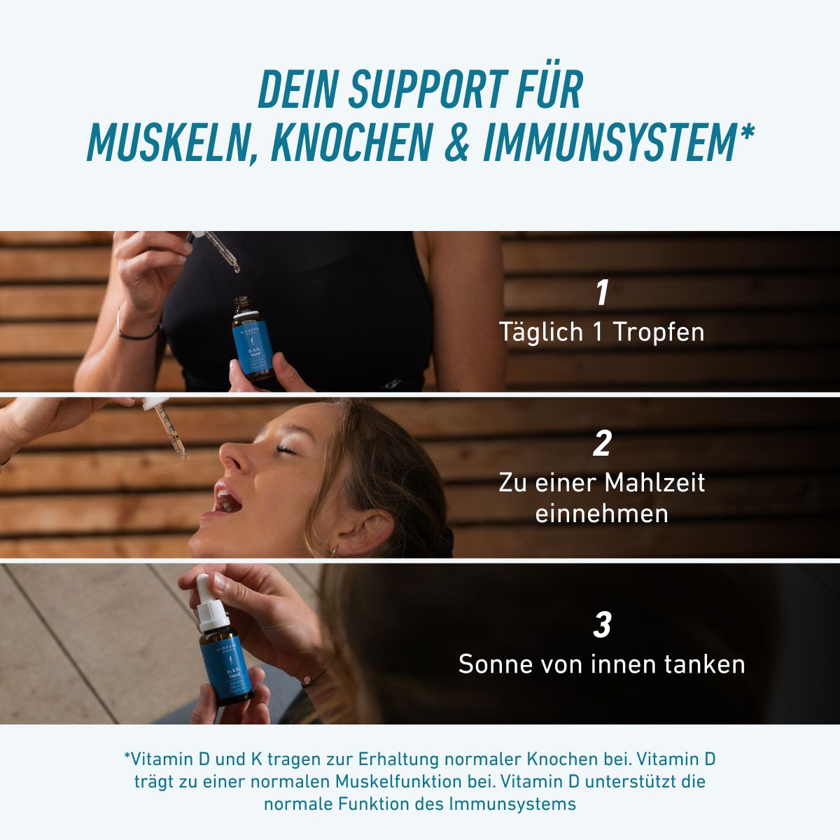 Návod na užívanie BIOGENA SPORTS D3 & K2 liquid: jedna kvapka denne s jedlom. Vitamíny D a K podporujú kosti, vitamín D tiež svaly a normálnu funkciu imunitného systému.