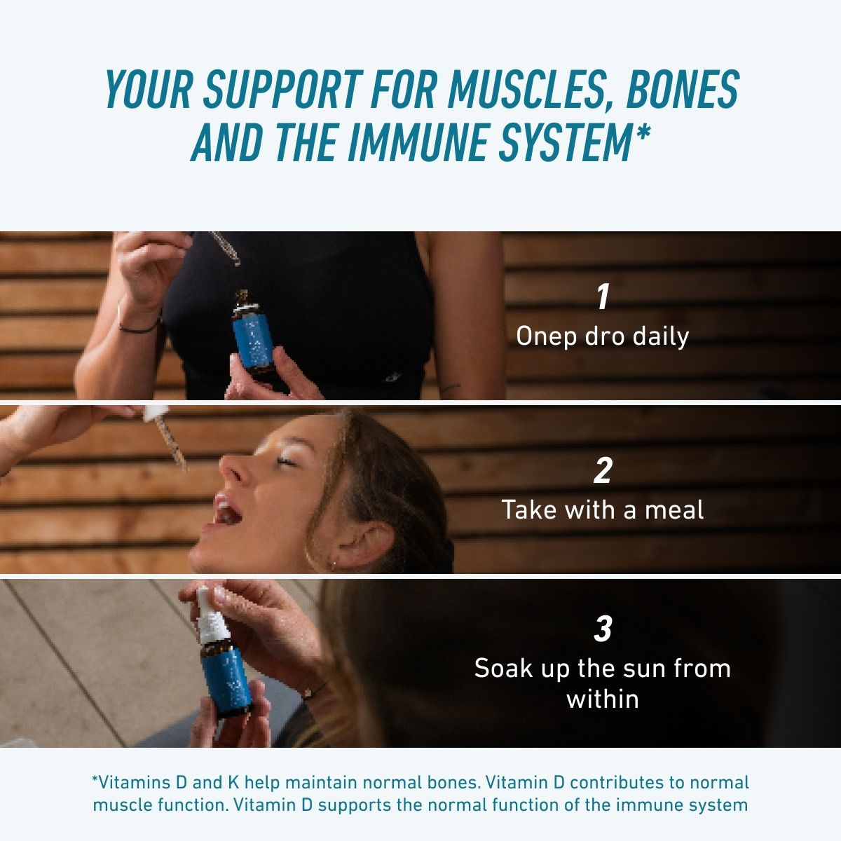 Instructions for BIOGENA SPORTS D3 & K2 Liquid: take one drop daily with a meal. Convenient liquid formula designed to support bones, muscles, and the normal function of the immune system.