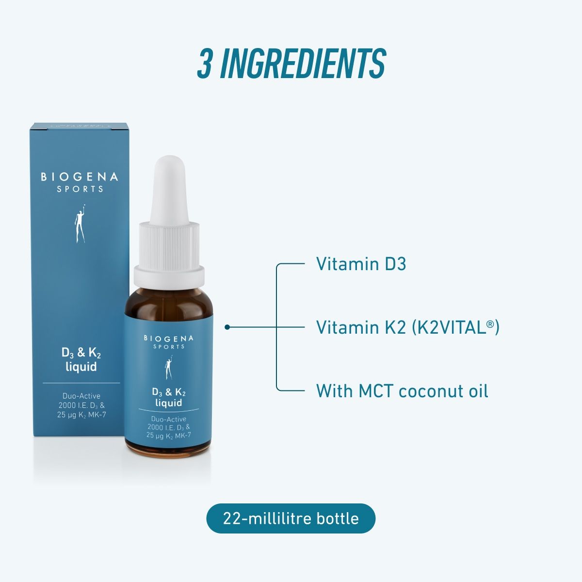 BIOGENA SPORTS D3 & K2 Liquid with vitamin D3, vitamin K2 as K2VITAL®, and MCT coconut oil. Convenient 22 ml bottle designed for easy daily supplementation.