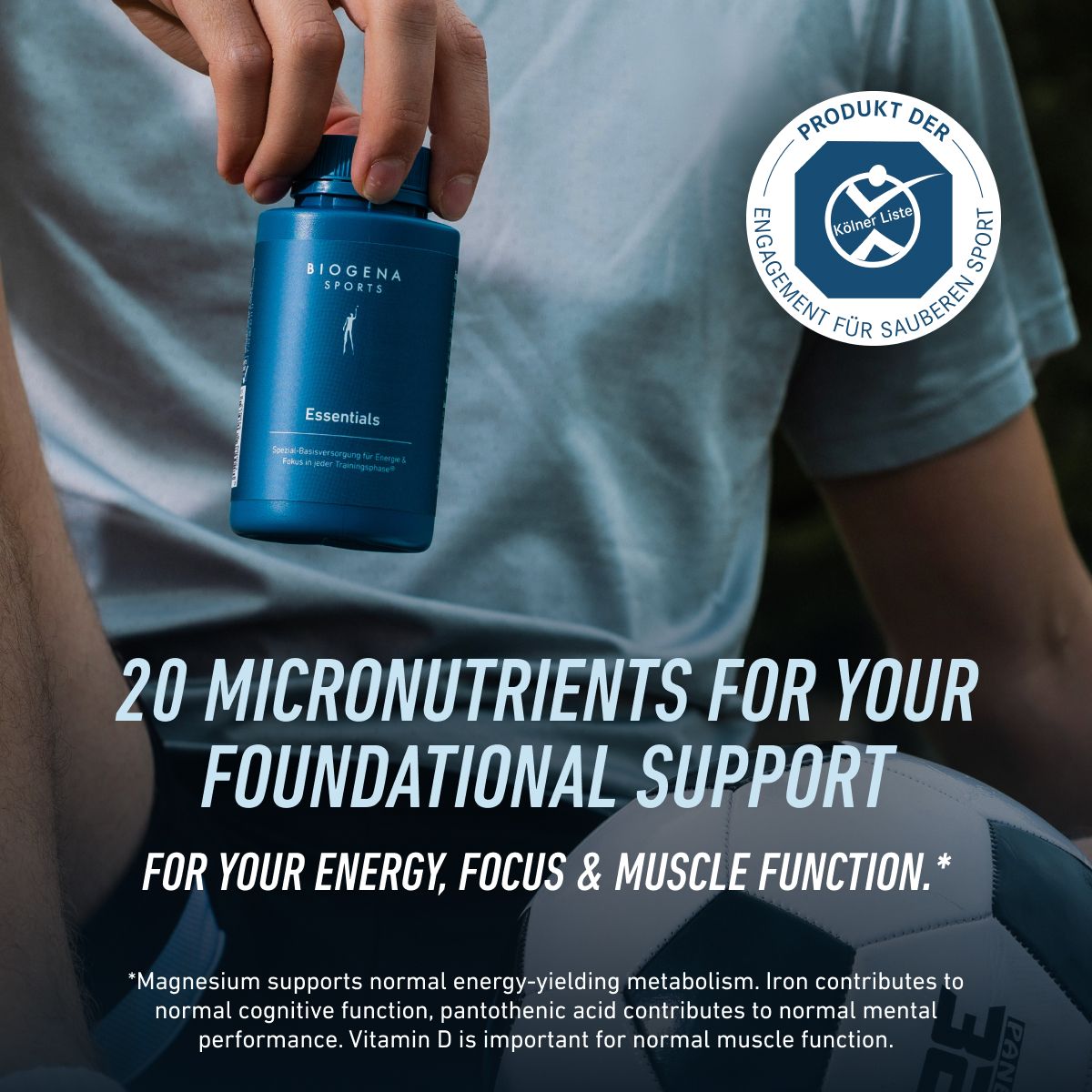 BIOGENA Sports Essentials shown in a sports setting with football imagery, highlighting 20 micronutrients to support energy, focus, and muscle function. Includes magnesium, iron, pantothenic acid, and vitamin D for every