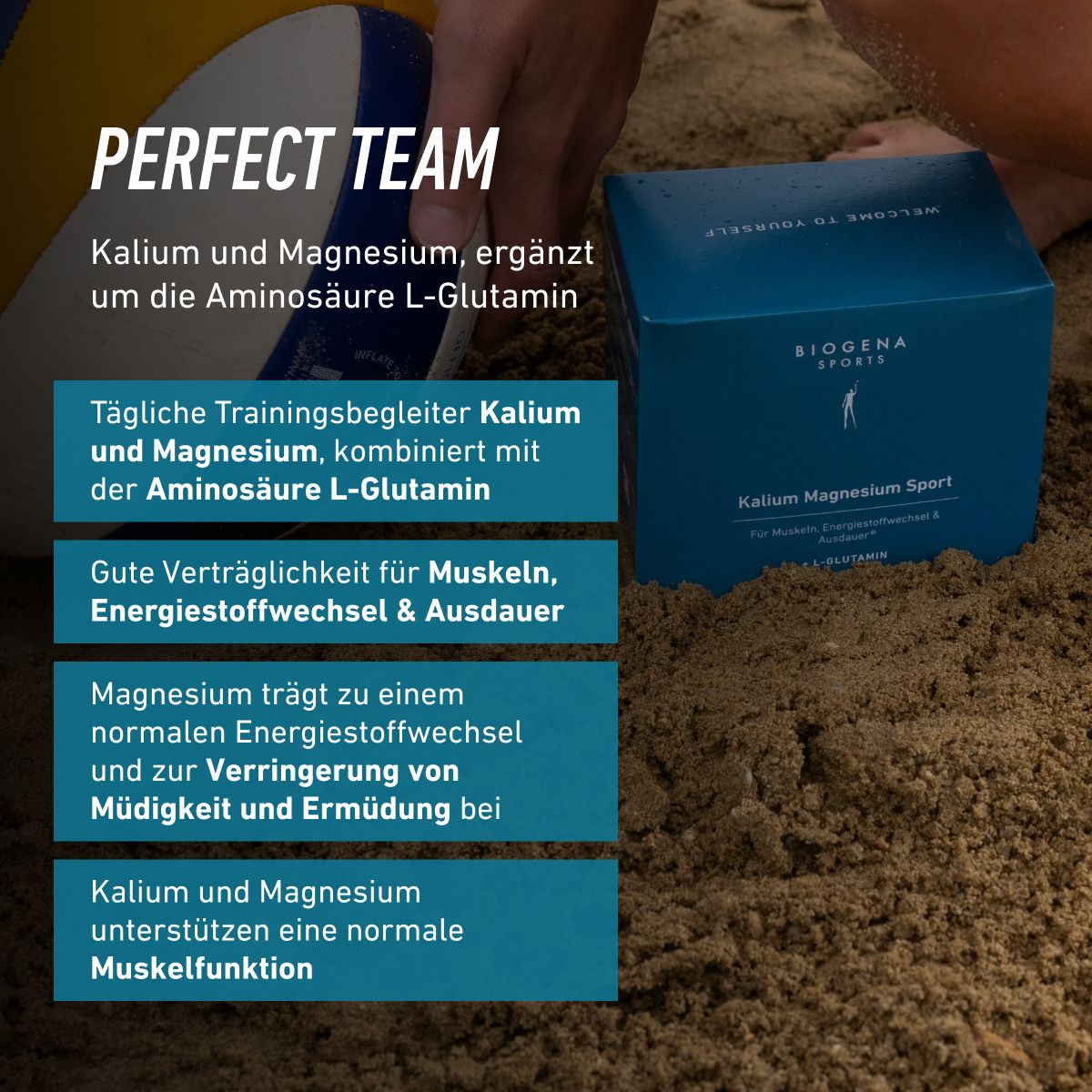 BIOGENA SPORTS Kalium Magnesium Sport s draslíkom, horčíkom a L-glutamínom. Horčík podporuje energetický metabolizmus a zníženie únavy, draslík a horčík normálnu funkciu svalov.