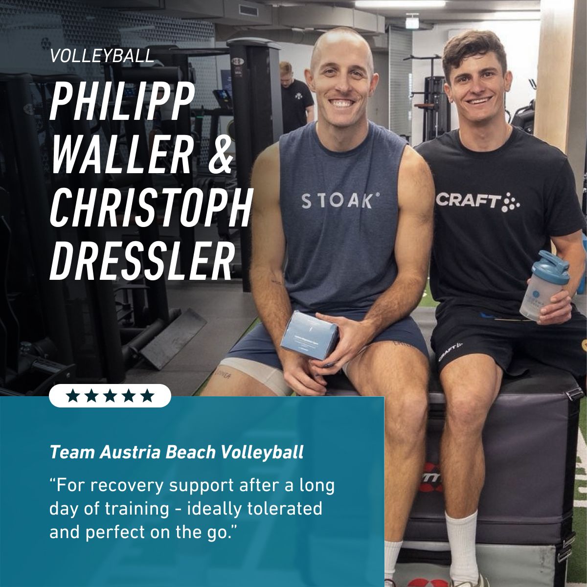Beach volleyball athletes Philipp Waller and Christoph Dressler with BIOGENA Sports Kalium Magnesium Sport, sharing their experience of recovery support after training and practical use as a well-tolerated companion on t