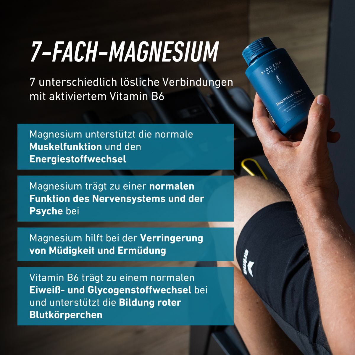 BIOGENA SPORTS Magnesium Sport v ruke športovca. Kombinácia siedmich zlúčenín horčíka a vitamínu B6 podporuje normálnu funkciu svalov, energetický metabolizmus a nervový systém a pomáha znižovať únavu a vyčerpanie.