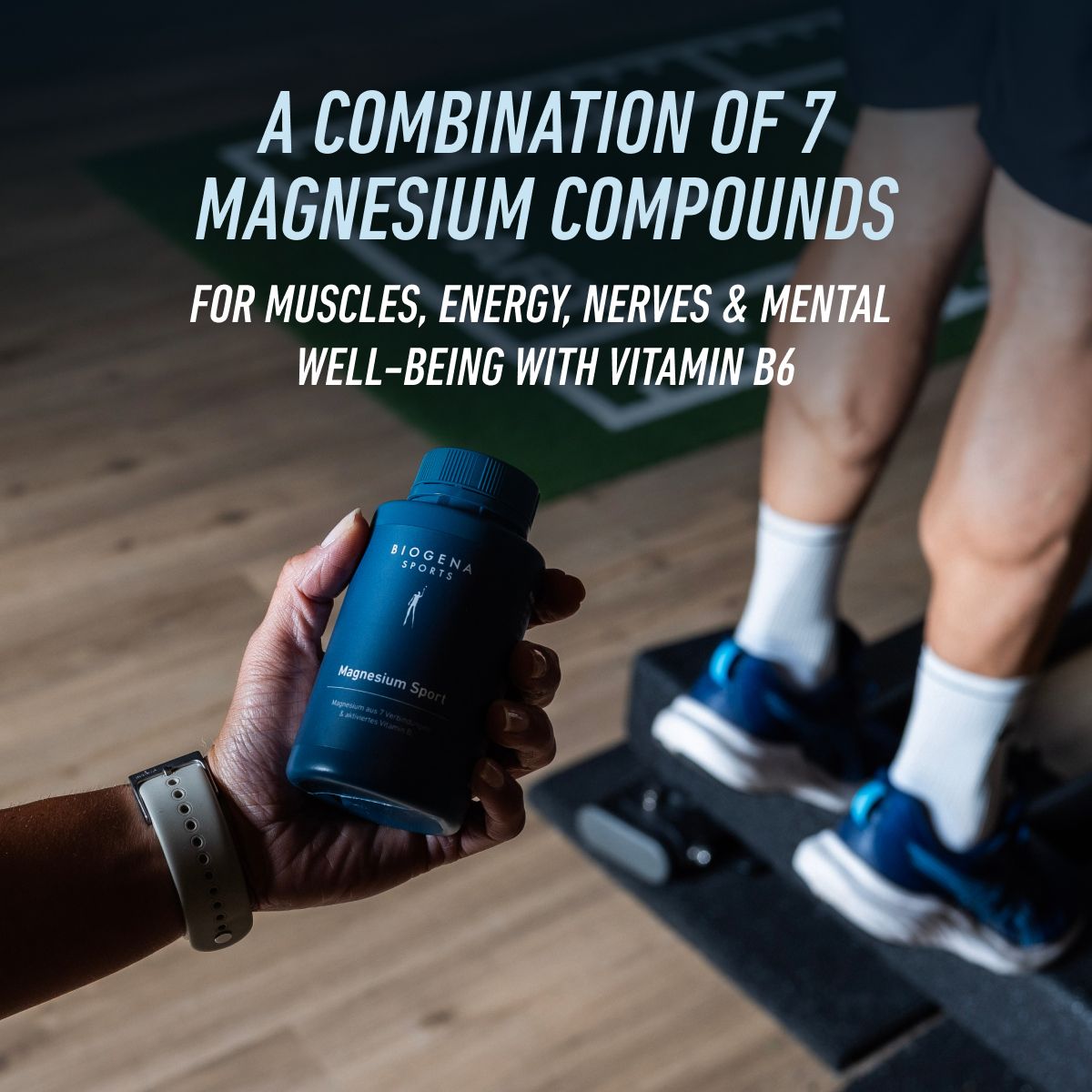 BIOGENA Sports Magnesium Sport with a combination of 7 magnesium compounds and vitamin B6. Designed to support muscles, energy metabolism, nervous system function and mental well-being for active lifestyles.