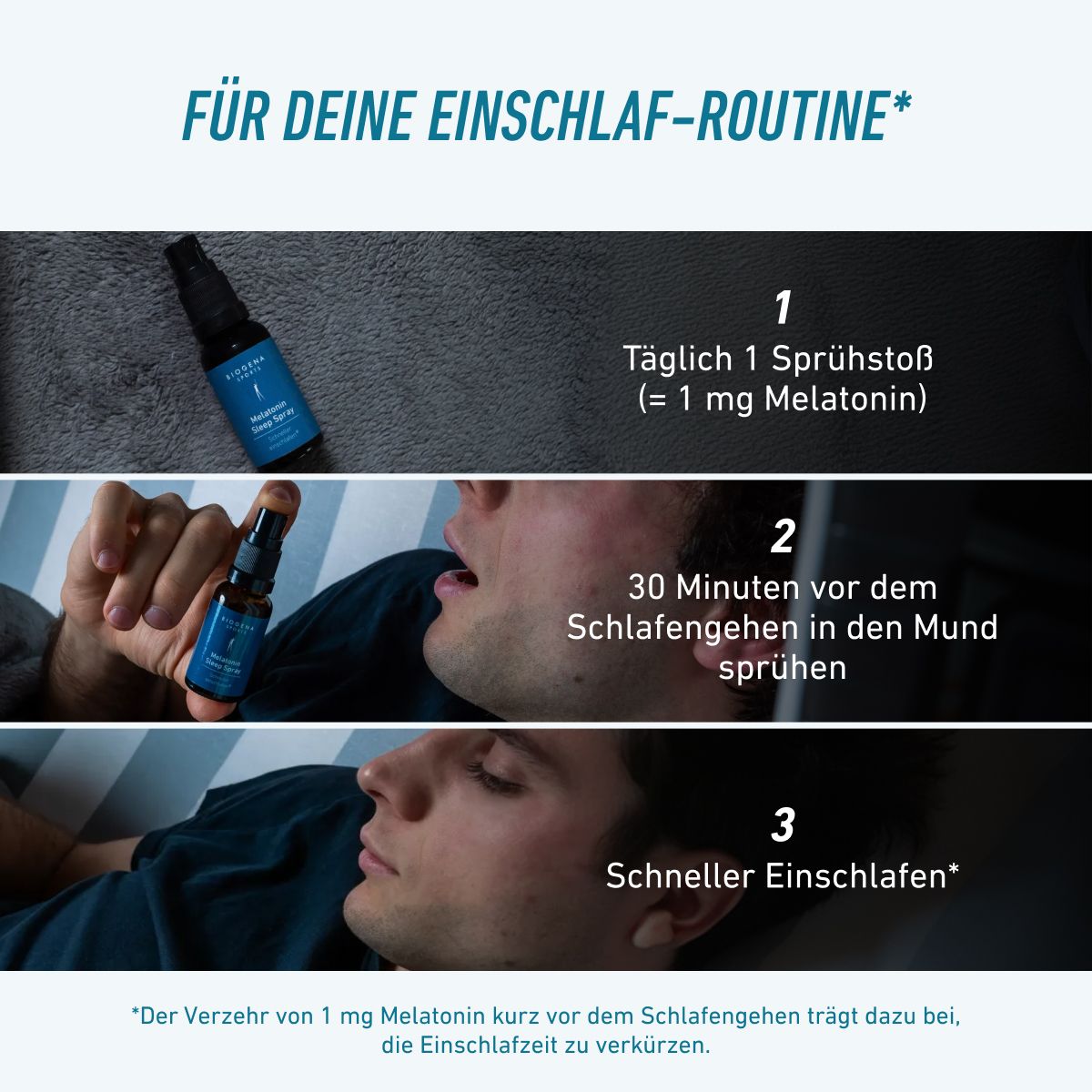 Biogena Sports Melatonin Sleep Spray per la routine serale: 1 spruzzo al giorno con 1 mg di melatonina, da assumere in bocca 30 minuti prima di dormire. Supporta una routine rilassante per addormentarsi più rapidamente.