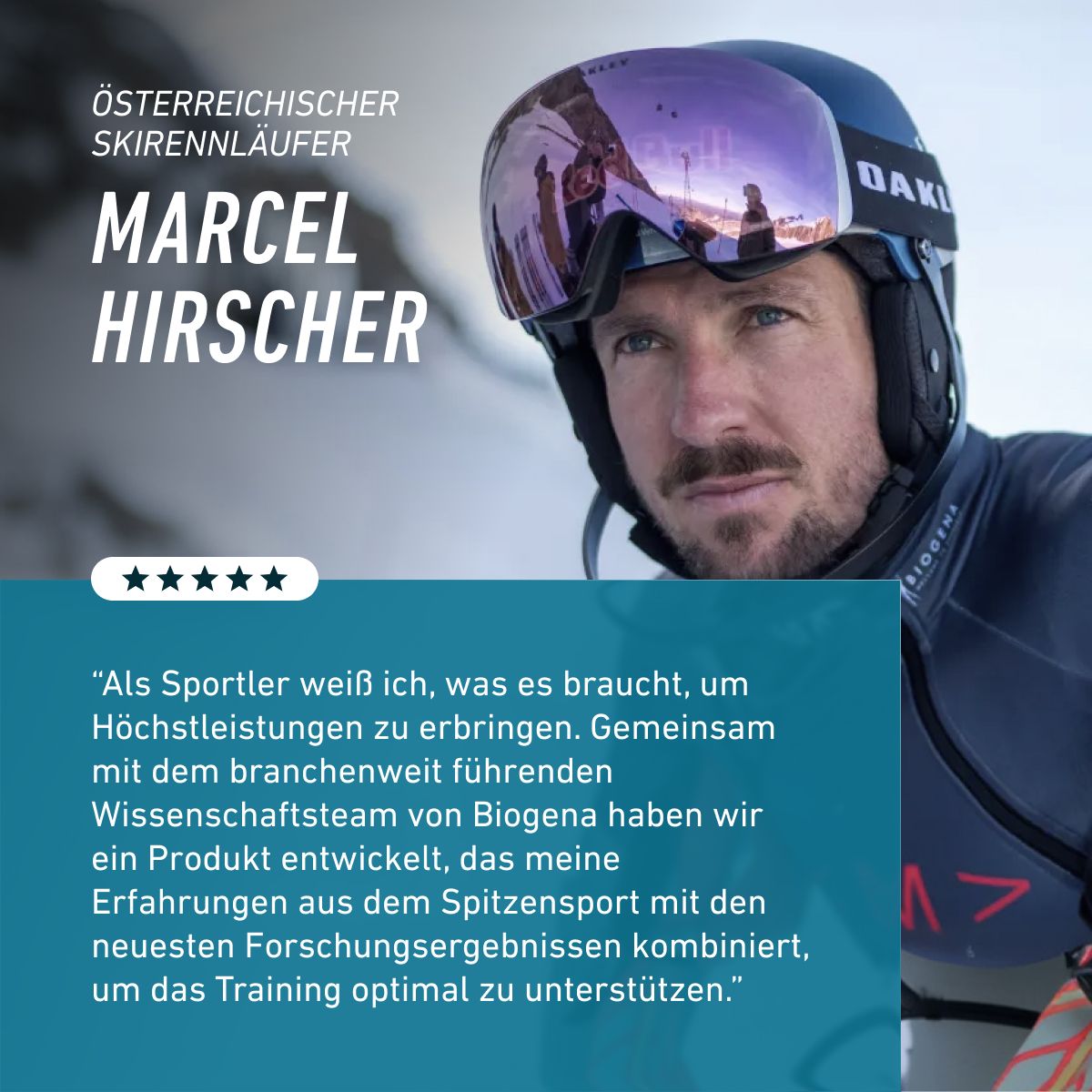 Rakúsky lyžiar Marcel Hirscher v lyžiarskej výstroji. BIOGENA SPORTS Performance vznikol v spolupráci s ním a spája jeho skúsenosti zo súťažného športu s najnovšími výskumnými poznatkami.