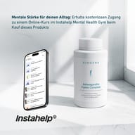 BIOGENA Ashwagandha Fusion Complete neben Smartphone mit Instahelp Mental Health Gym App. Hinweis auf kostenlosen Online-Kurs beim Kauf des Produkts zur Unterstützung mentaler Stärke im Alltag.