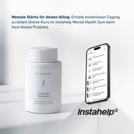 BIOGENA Erdensalz® Mineralien neben Smartphone mit Instahelp Mental Health Gym App. Hinweis auf kostenlosen Online-Kurs beim Kauf des Produkts zur Unterstützung mentaler Stärke im Alltag.