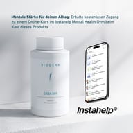 BIOGENA GABA 500 neben Smartphone mit Instahelp Mental Health Gym App. Hinweis auf kostenlosen Online-Kurs beim Kauf des Produkts zur Unterstützung mentaler Stärke im Alltag.